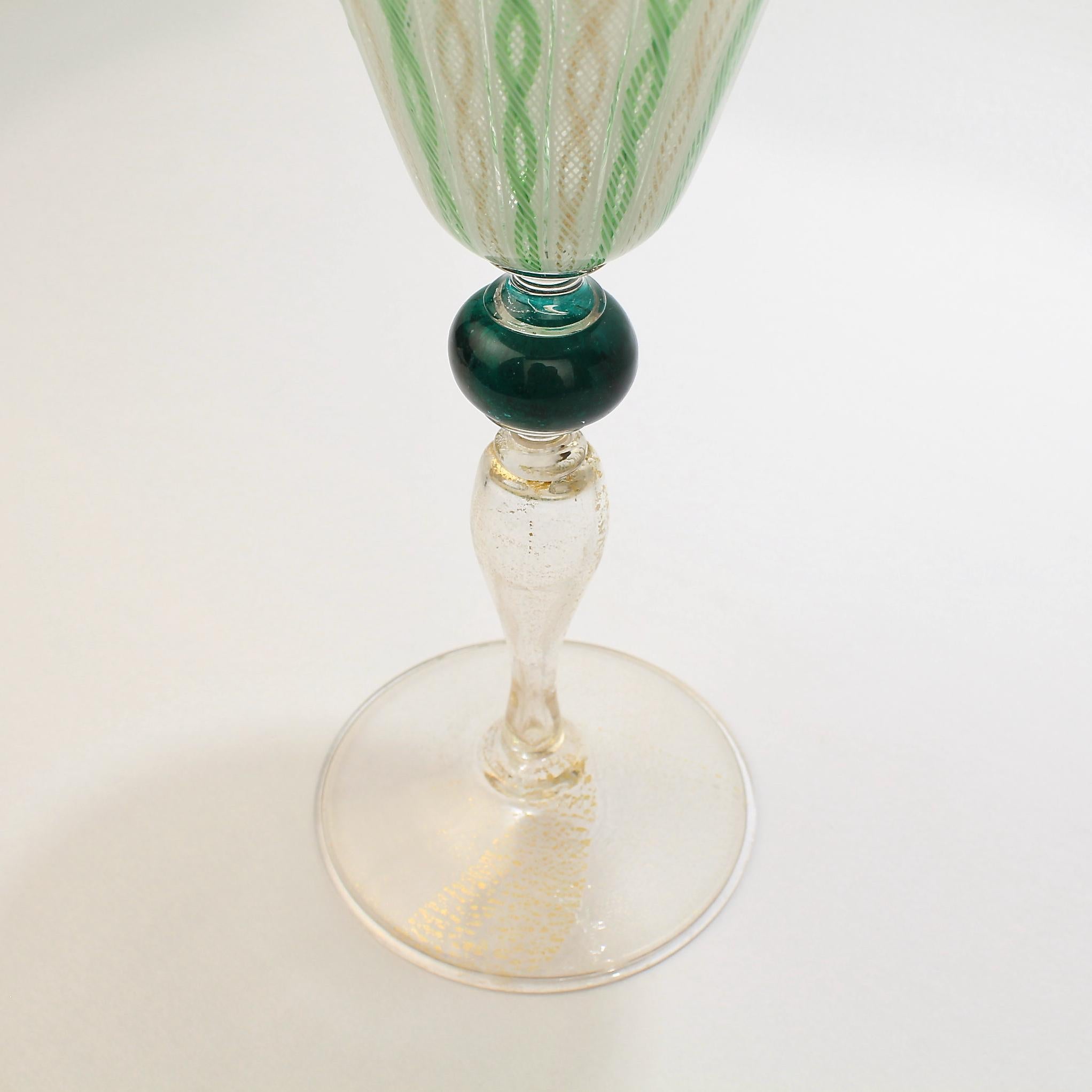 Modern Venetian or Murano Glass Green, White, and Gold Latticinio Swirl Wine Goblet