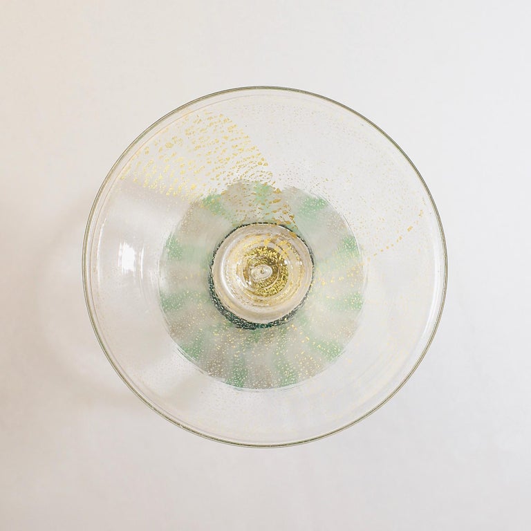 Venetian or Murano Glass Green, White, and Gold Latticinio Swirl Wine Goblet 1
