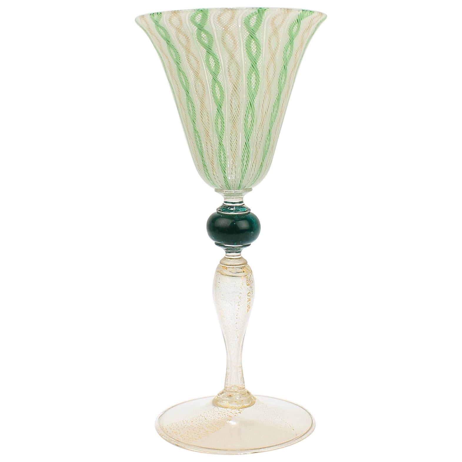 Venetian or Murano Glass Green, White, and Gold Latticinio Swirl Wine Goblet