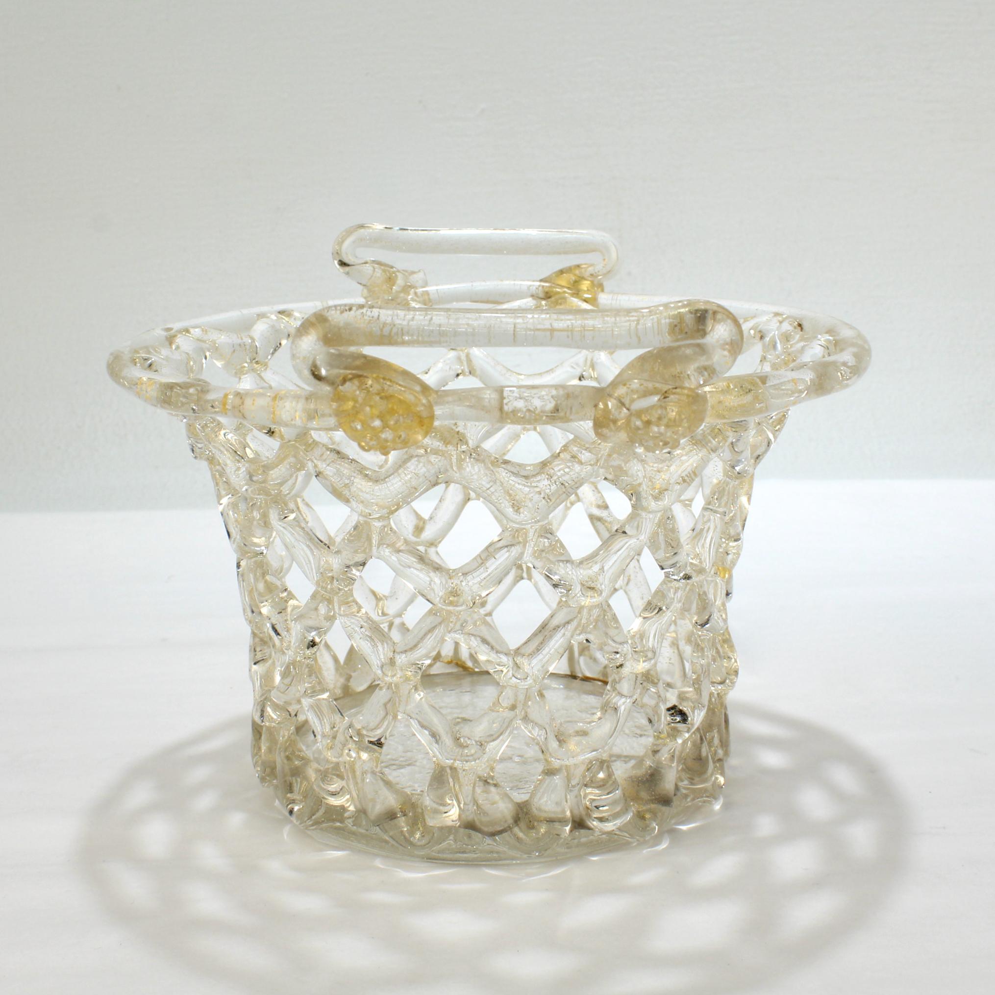 Renaissance Venetian or Murano Glass Liege a Traforato Openwork Basket with Gold Foil