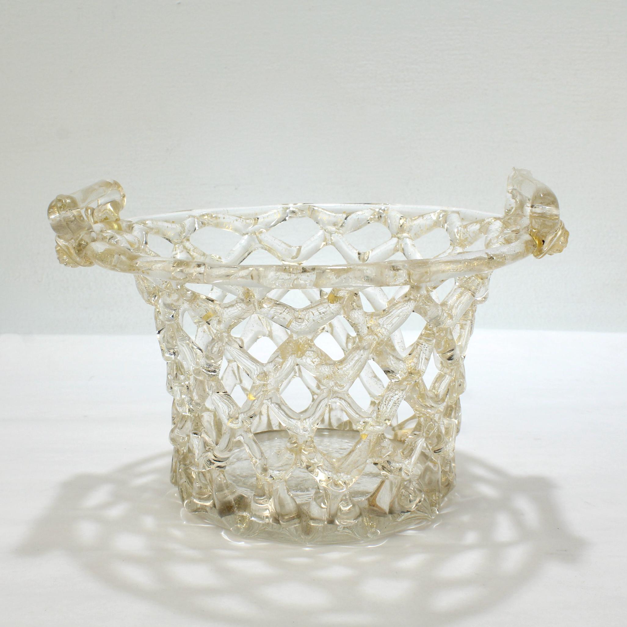 Italian Venetian or Murano Glass Liege a Traforato Openwork Basket with Gold Foil