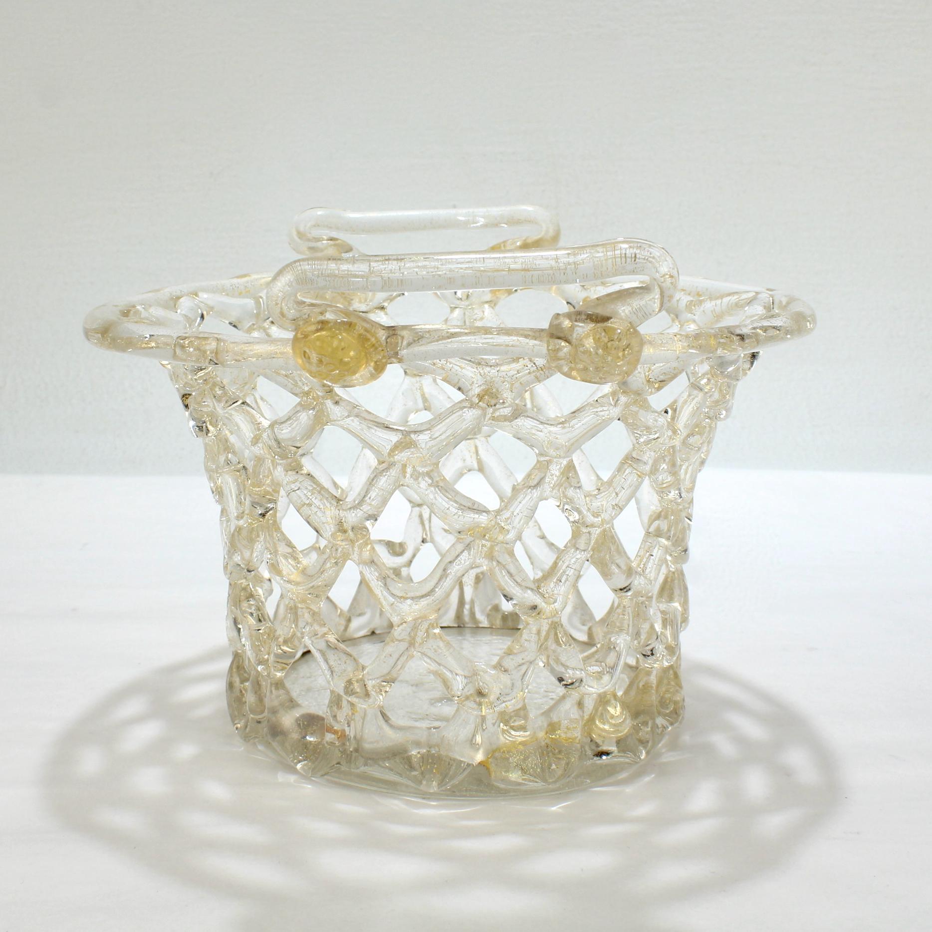Venetian or Murano Glass Liege a Traforato Openwork Basket with Gold Foil In Good Condition In Philadelphia, PA