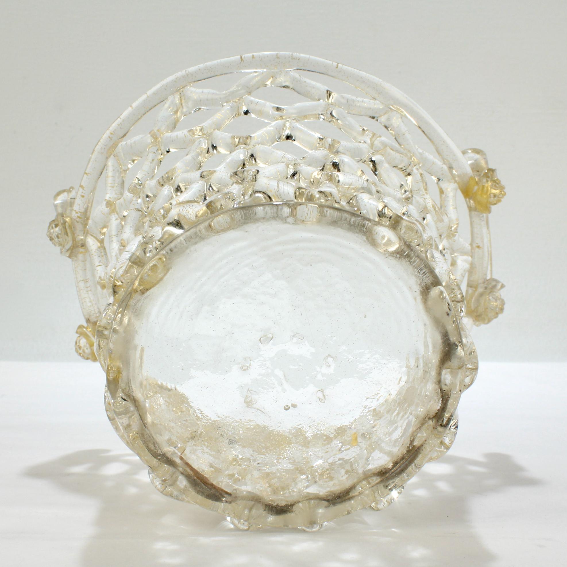Art Glass Venetian or Murano Glass Liege a Traforato Openwork Basket with Gold Foil