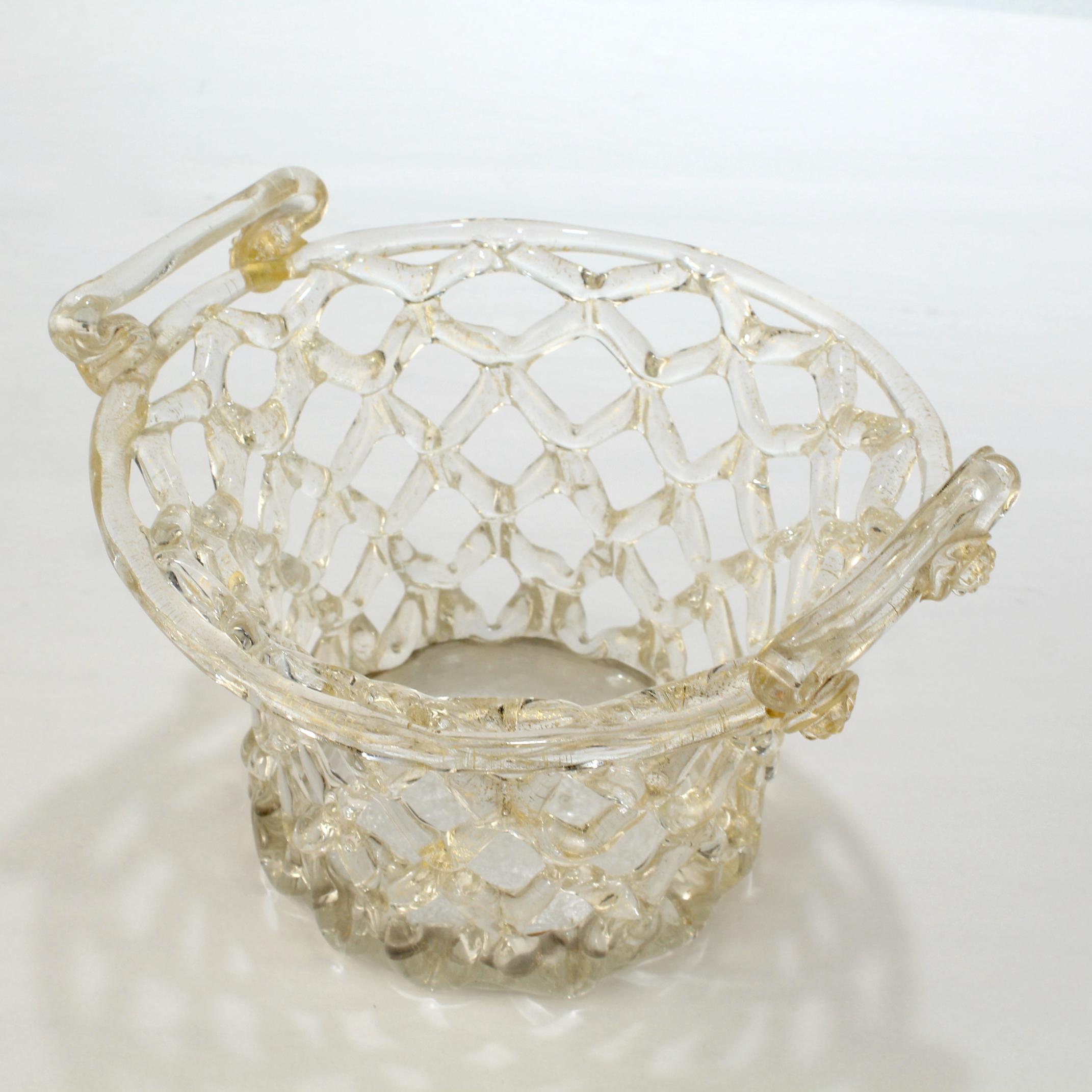 Venetian or Murano Glass Liege a Traforato Openwork Basket with Gold Foil 1