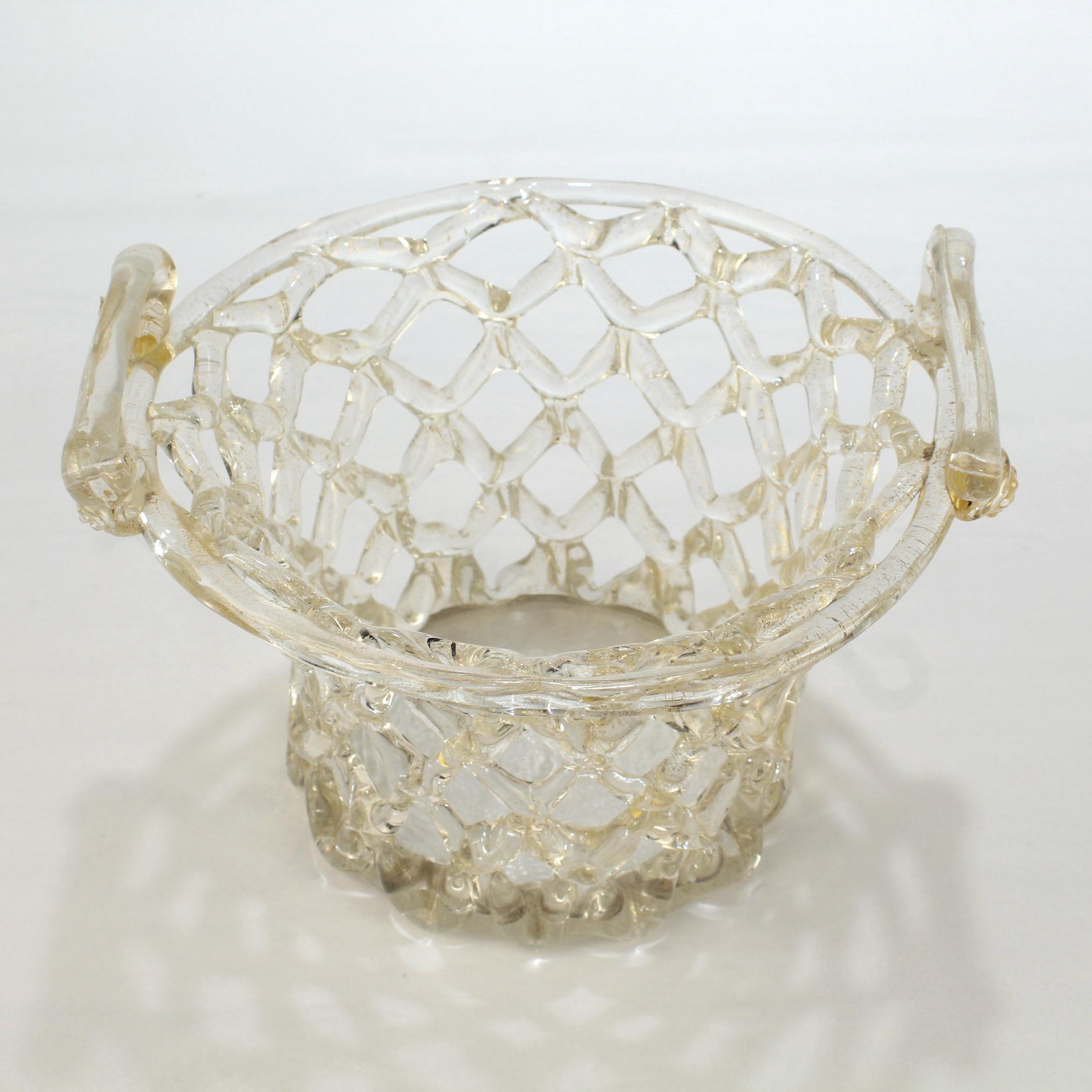 Venetian or Murano Glass Liege a Traforato Openwork Basket with Gold Foil 2