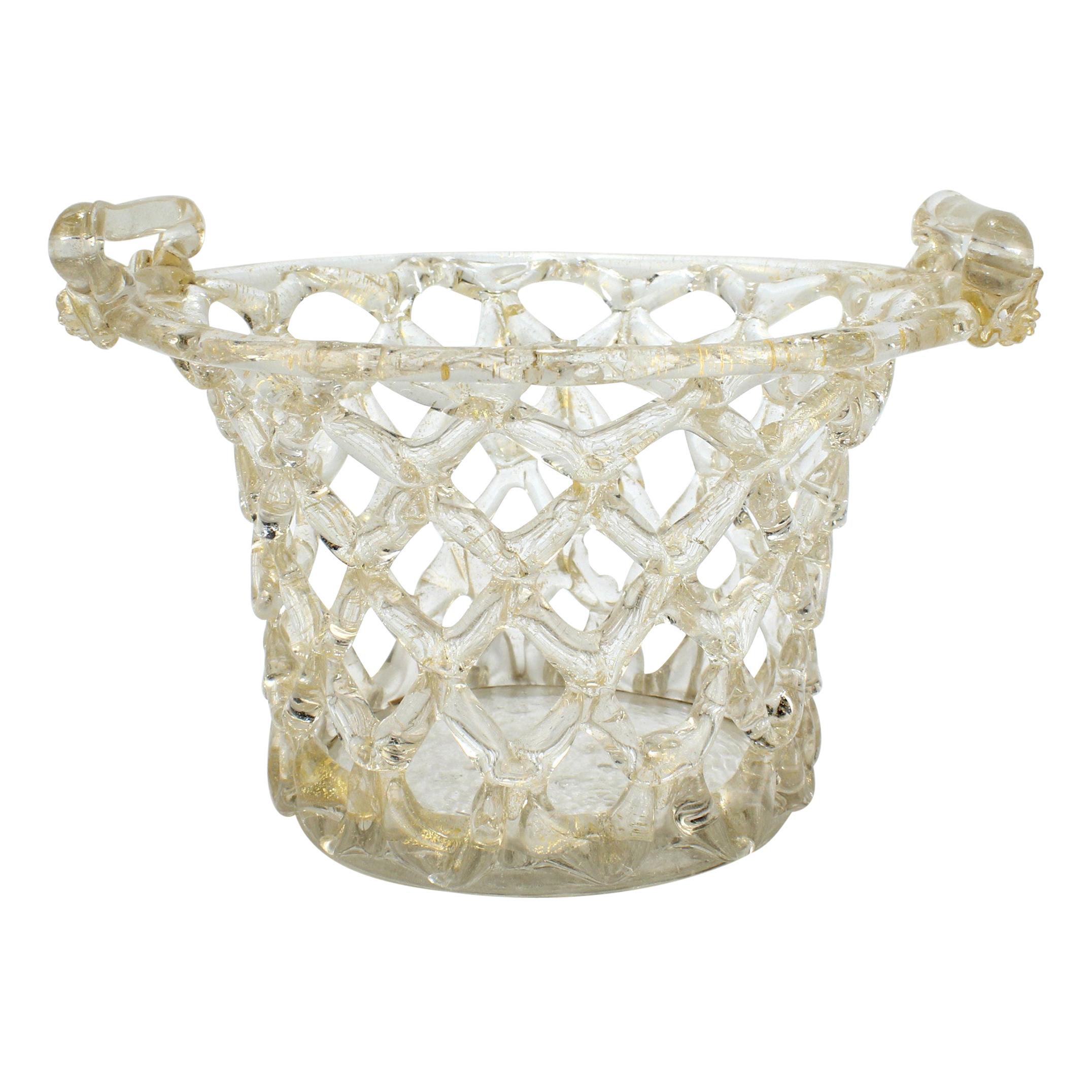 Venetian or Murano Glass Liege a Traforato Openwork Basket with Gold Foil