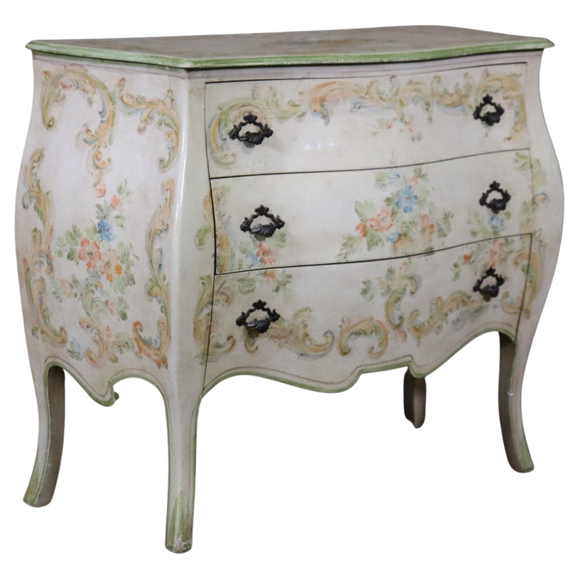 Venetian Paint Decorated Bombe Form Louis XV Style Dresser circa 1940 For Sale