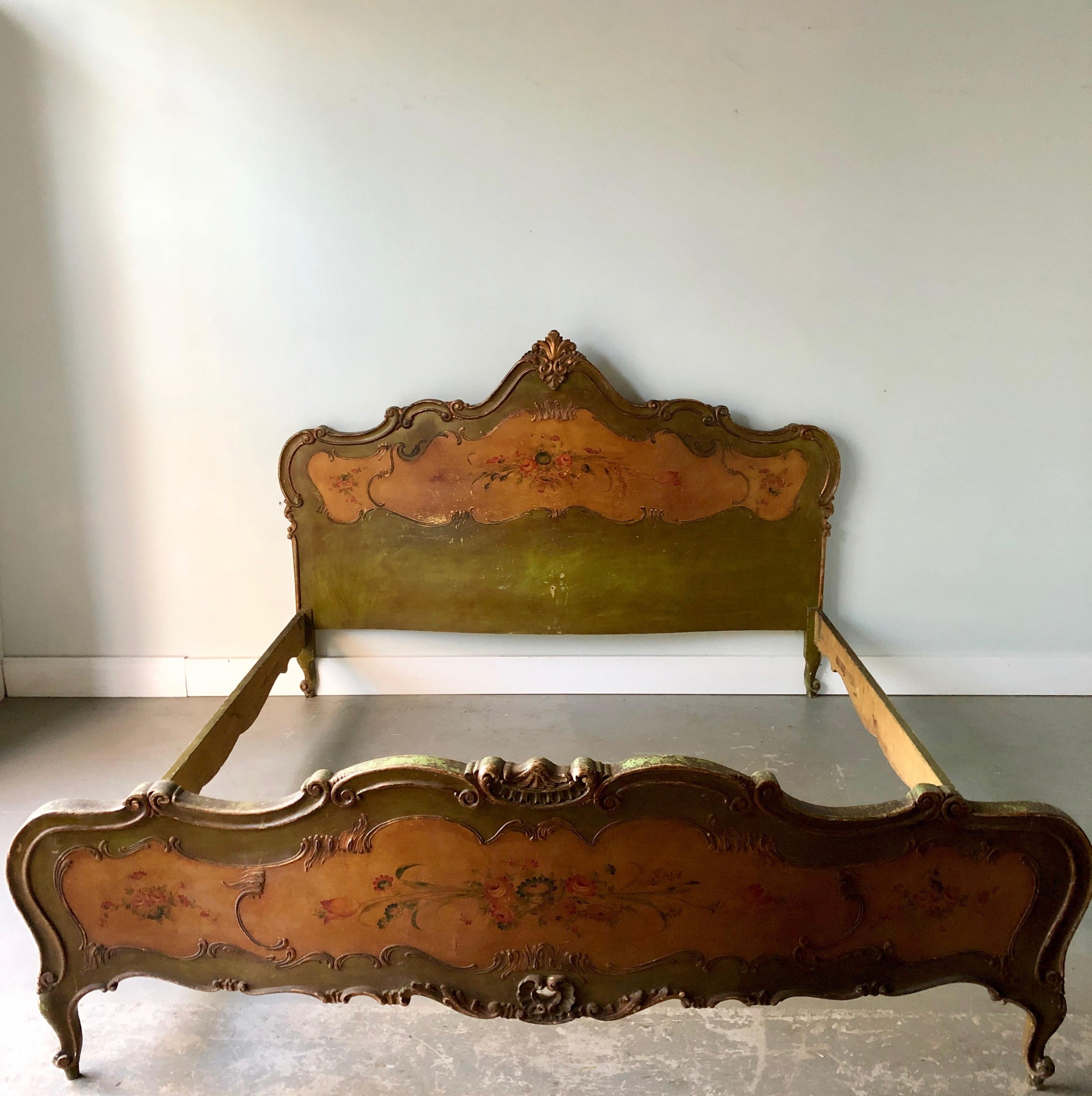 Antique Italian painted double bed in green with gilt accent and intricate hand painted with floral design in Venetian style.
Inside bed measurements:
70.75