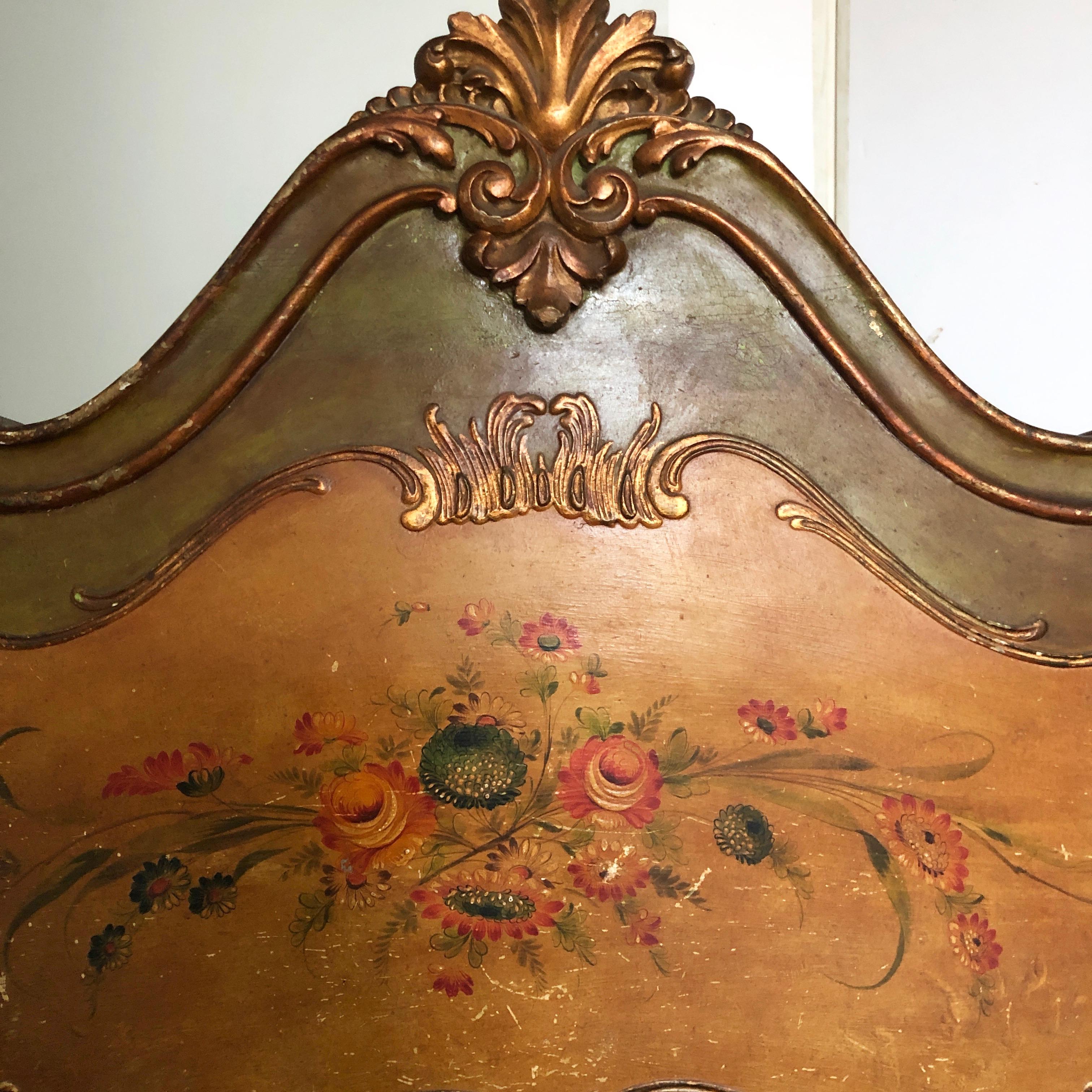 Hand-Carved Venetian Painted Antique Double Bed For Sale