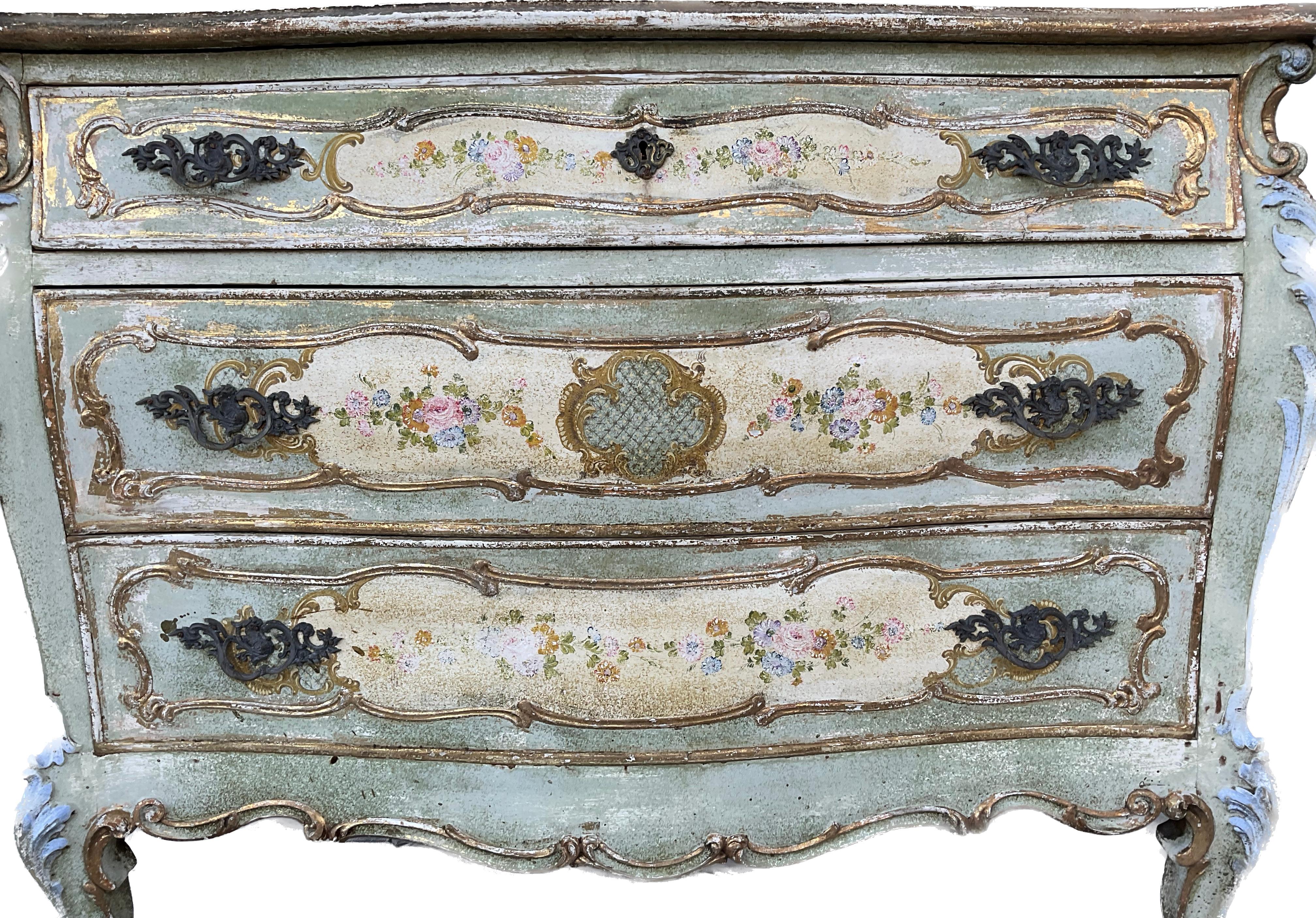 Baroque Venetian Painted Bombe' 3 Drawer Chest