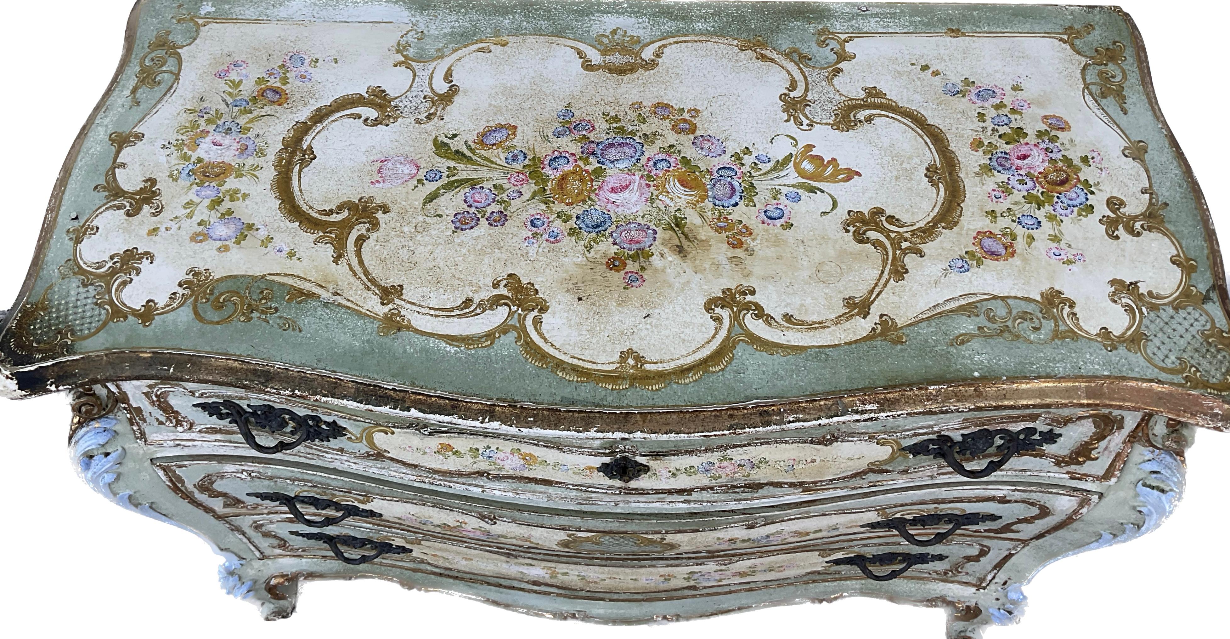 Italian Venetian Painted Bombe' 3 Drawer Chest