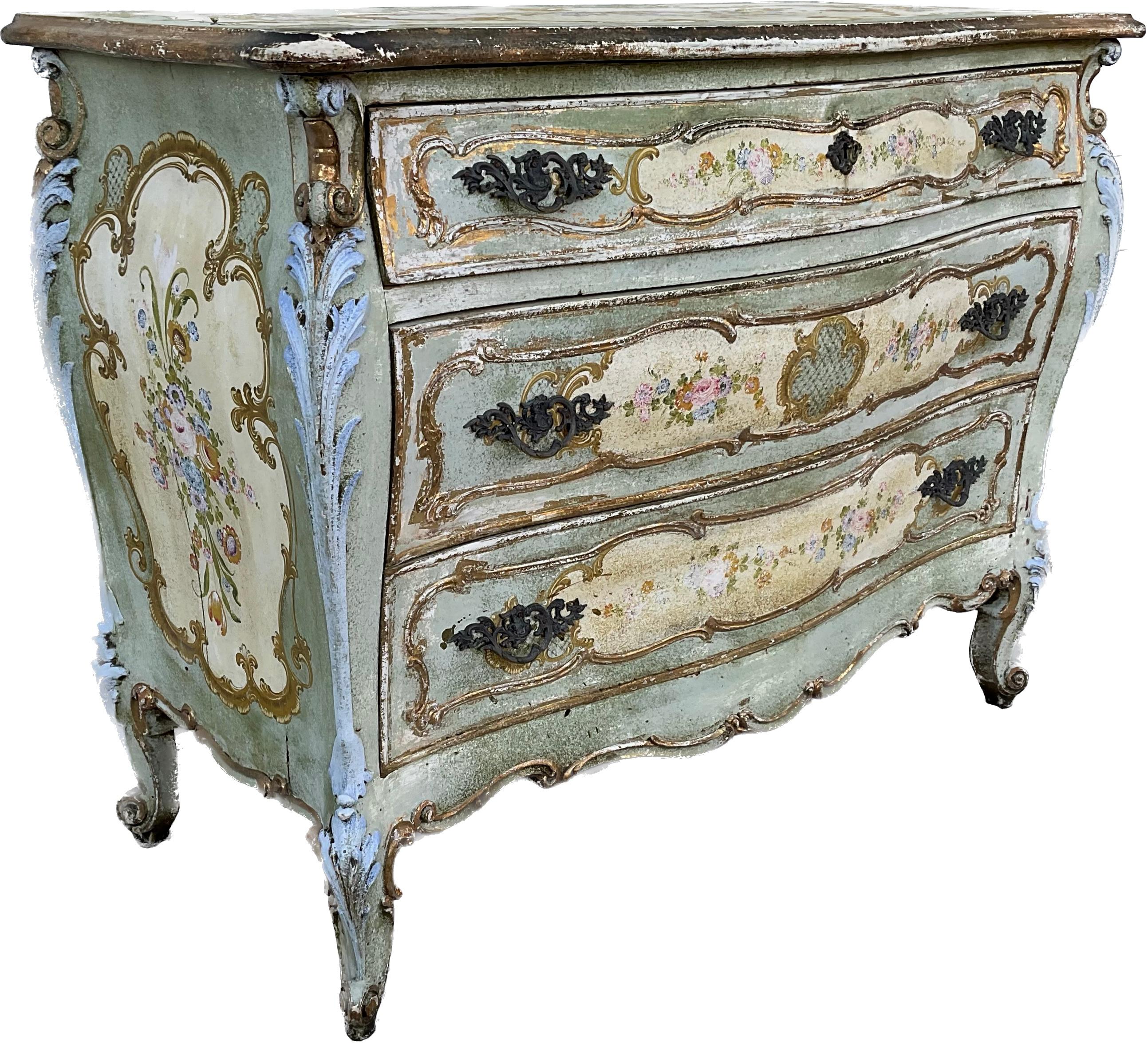 19th Century Venetian Painted Bombe' 3 Drawer Chest