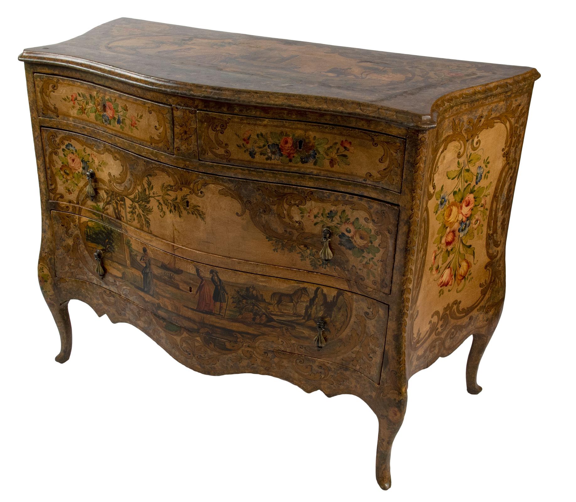 A large Rococo style Venetian painted three drawer commode painted with architectural elements, floral sprays, and pastoral scenes.