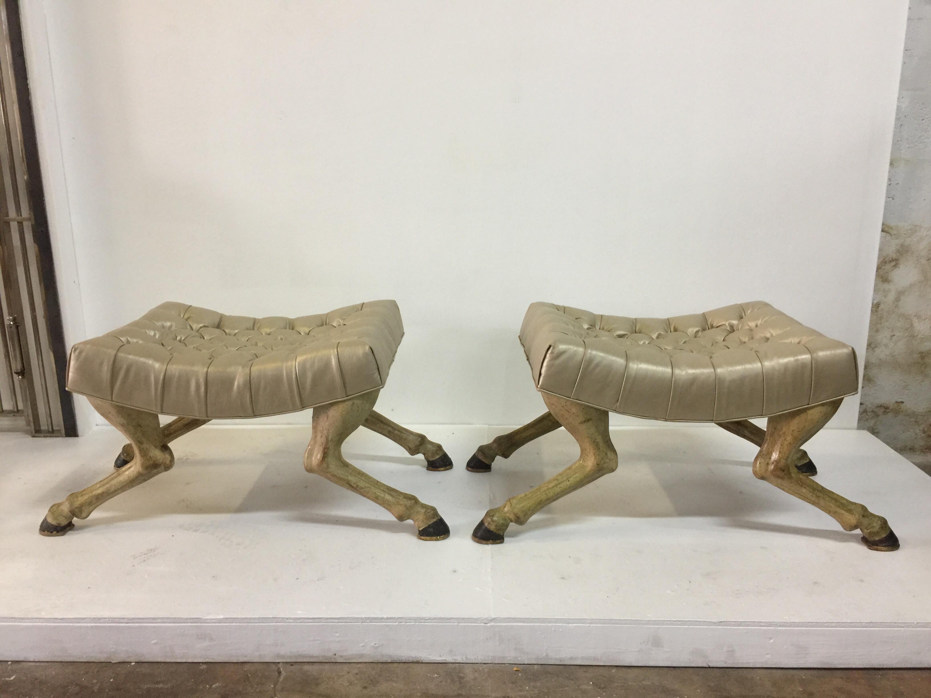 Venetian Painted Fruitwood Horse Leg Tufted Bench, Pair 2