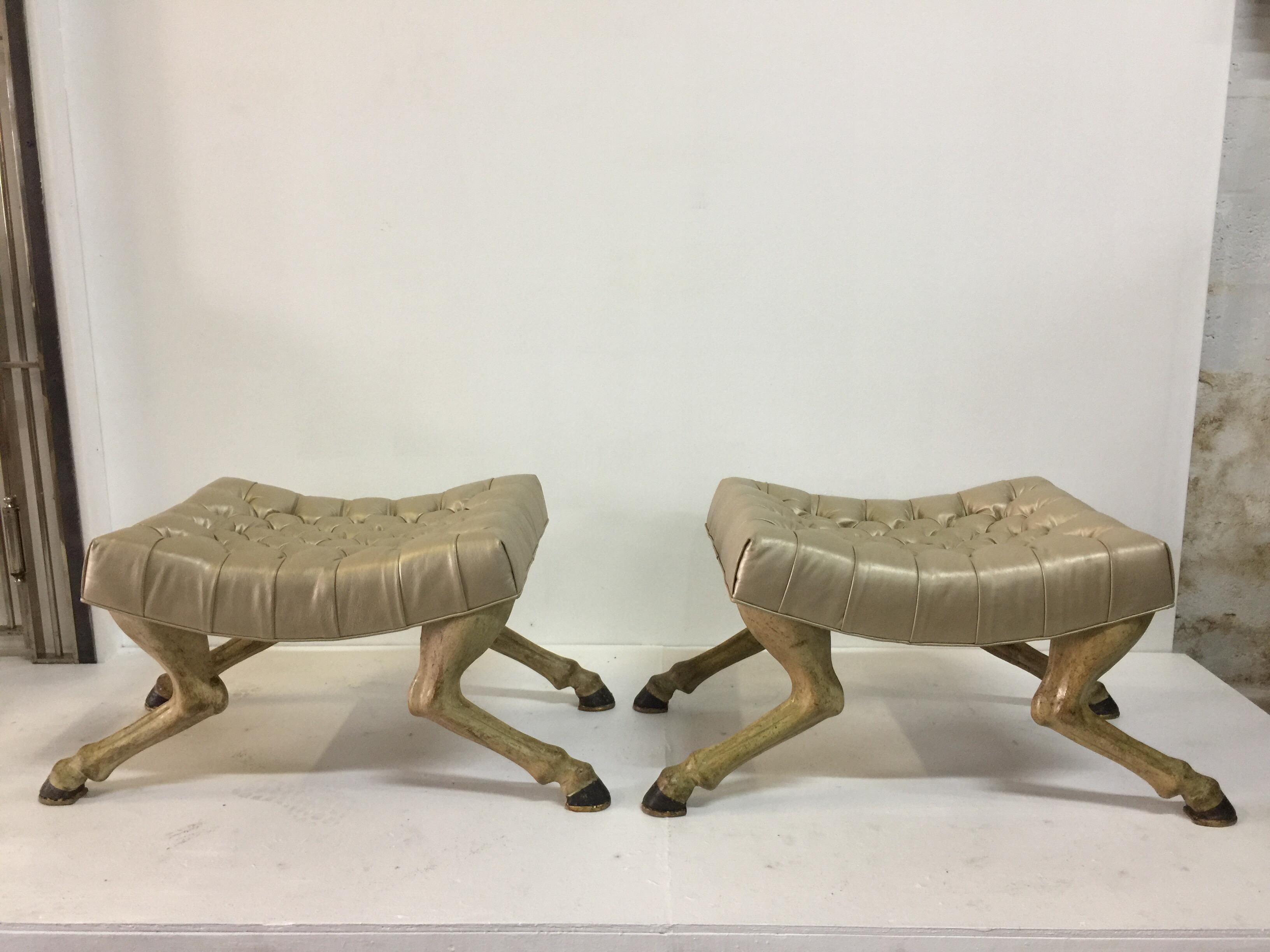 Venetian Painted Fruitwood Horse Leg Tufted Bench, Pair In Good Condition In East Hampton, NY