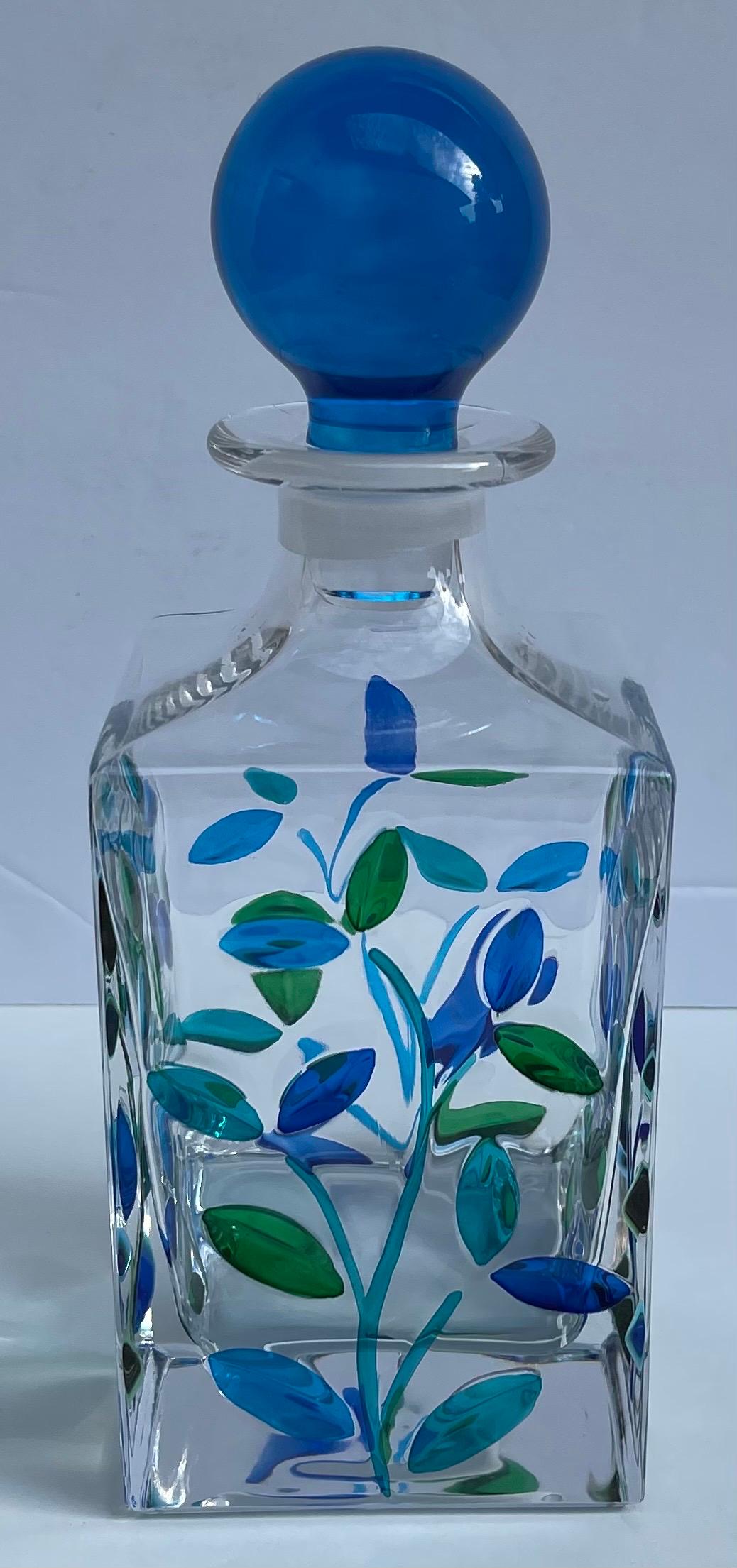 Italian Venetian Painted Glass Decanter and Two Glasses