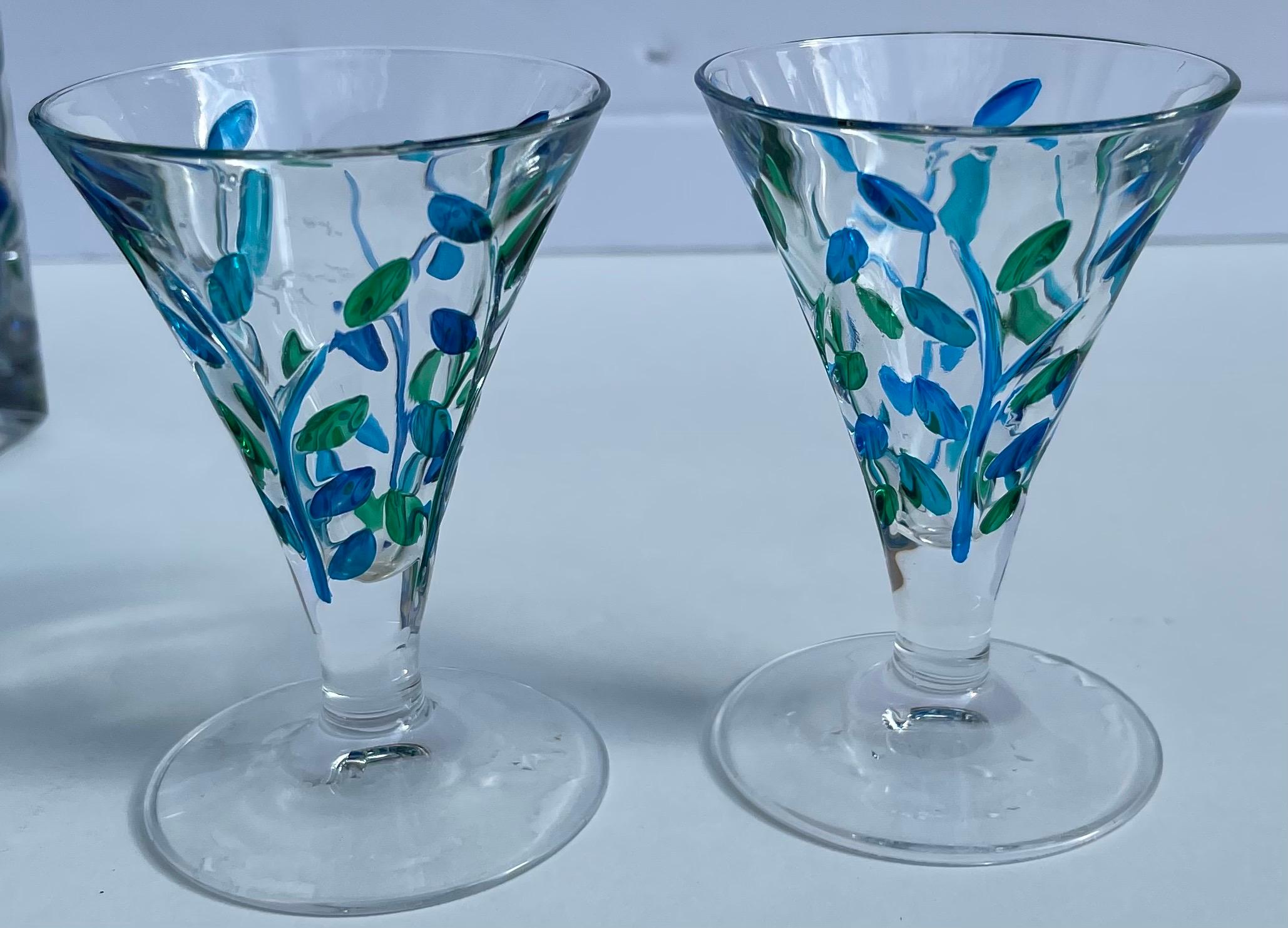 Contemporary Venetian Painted Glass Decanter and Two Glasses