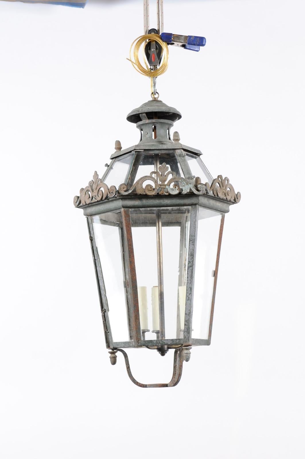 Glass  Venetian Painted Iron Street Lantern with 3 Lights, Late 19th Century For Sale