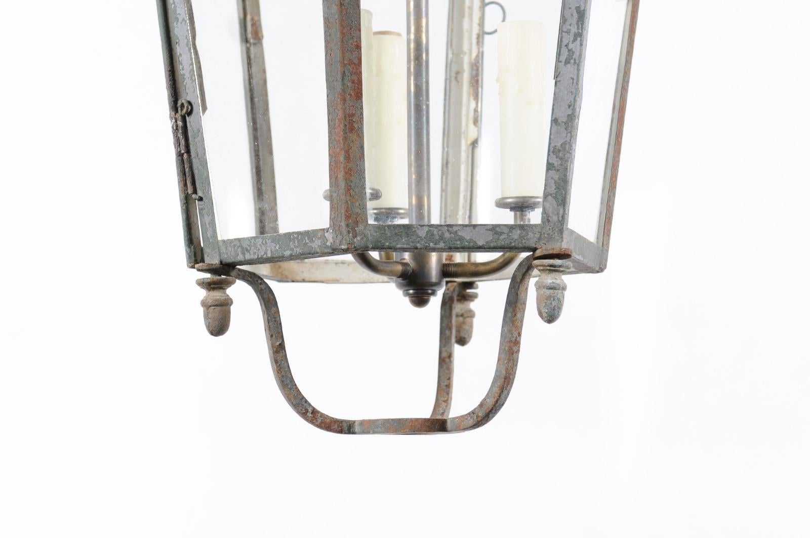 Glass  Venetian Painted Iron Street Lantern with 3 Lights, Late 19th Century For Sale
