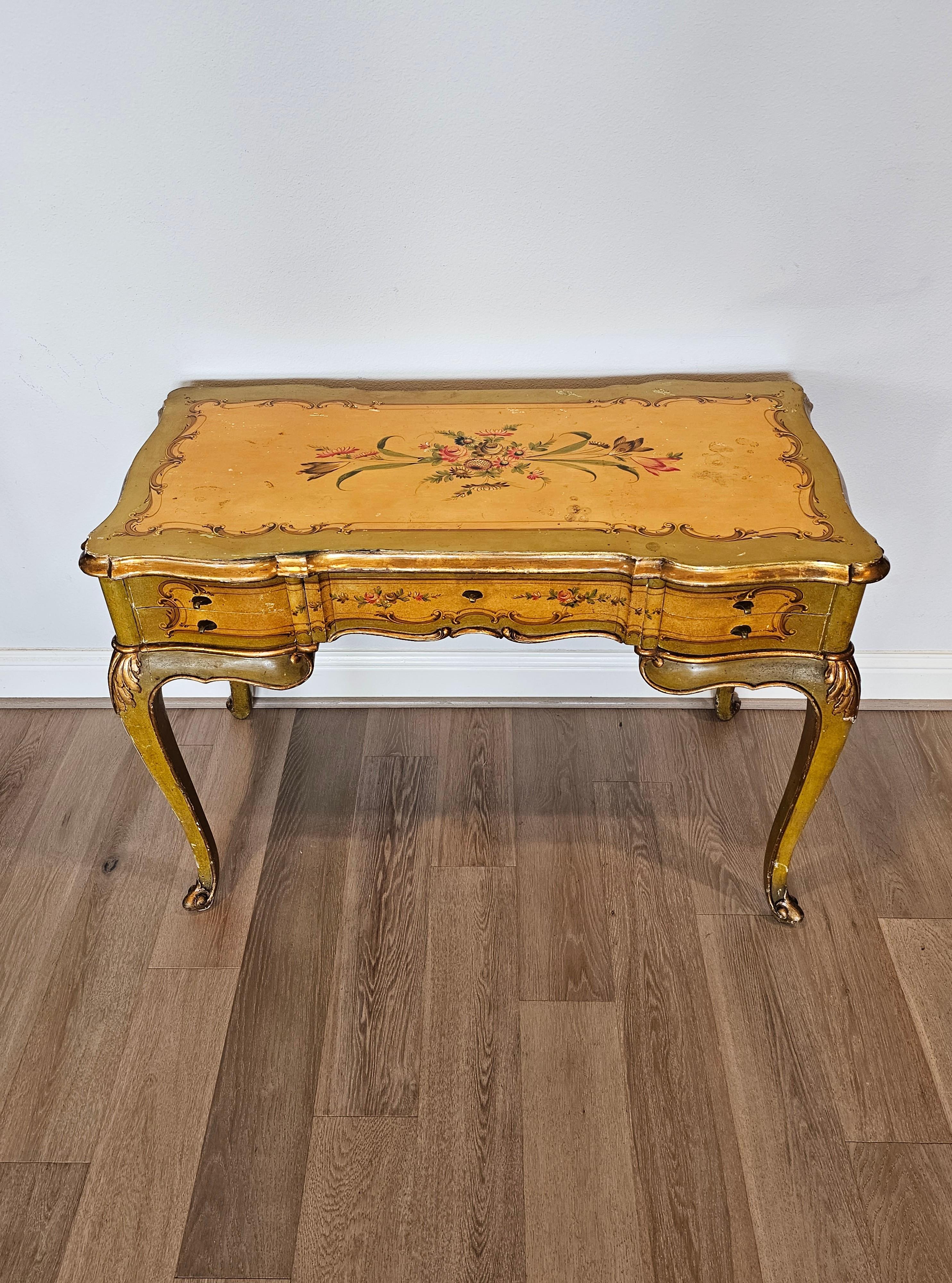 A most charming vintage, circa 1960, Italian Venetian writing table (desk - vanity - console) with beautifully aged heavily worn distressed patina.

Born in Italy in the mid-20th century, high-quality hand-crafted solid wood construction,