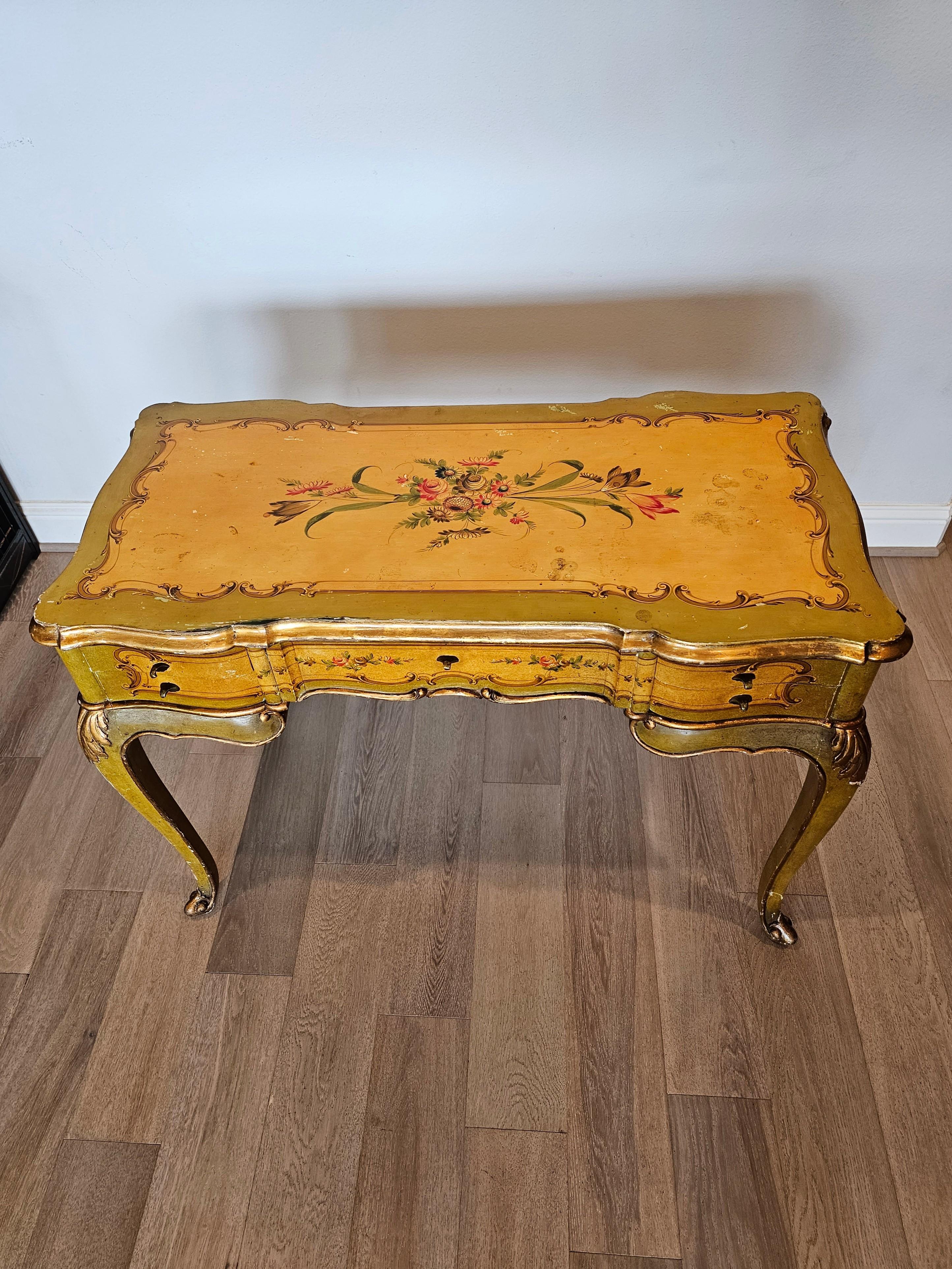 Carved Venetian Painted Italian Louis XV Style Writing Table For Sale