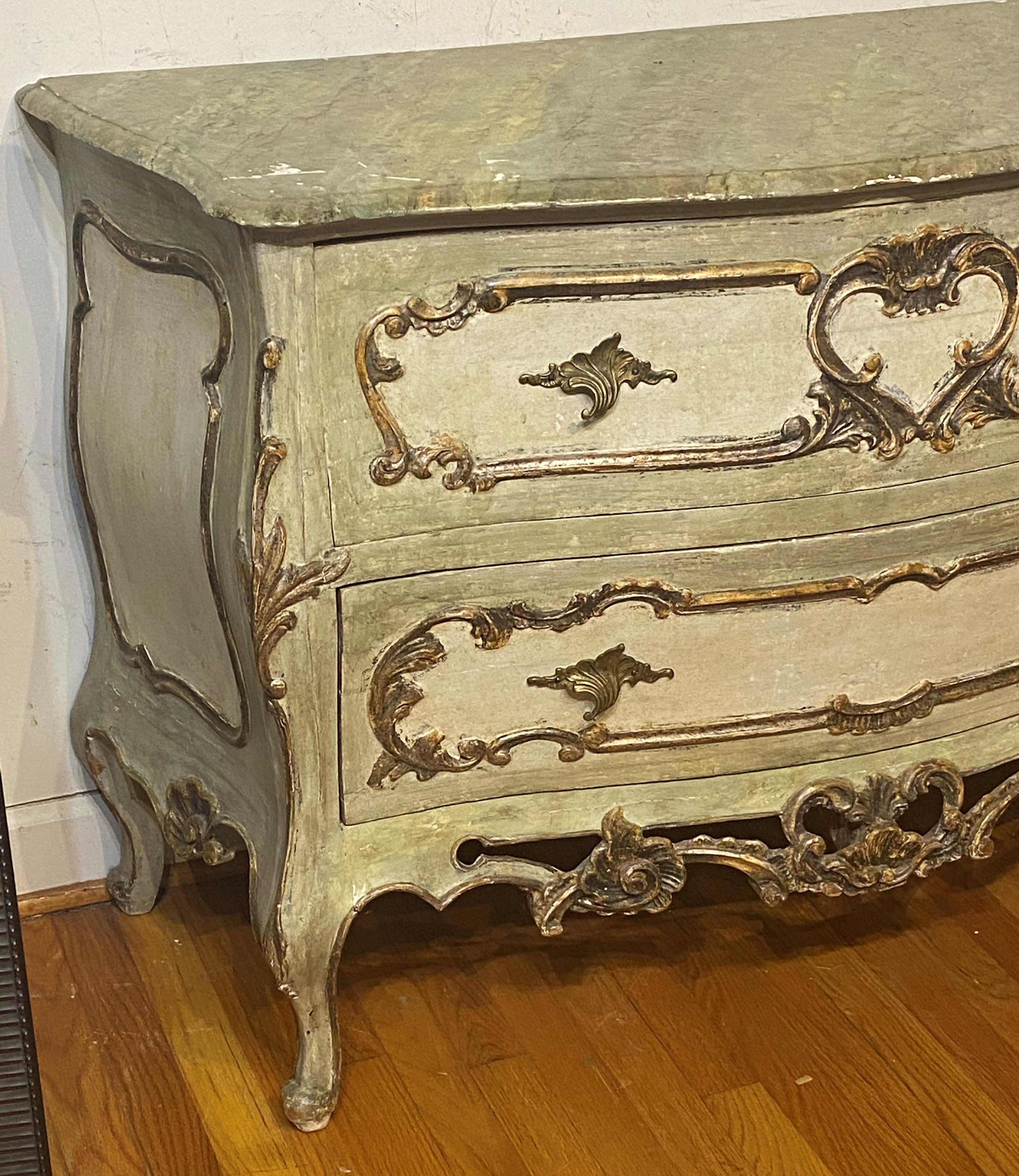 19th C in mid 18th C style, bold painted Italian commode from Venice. Serpentine front and with carved elements.42