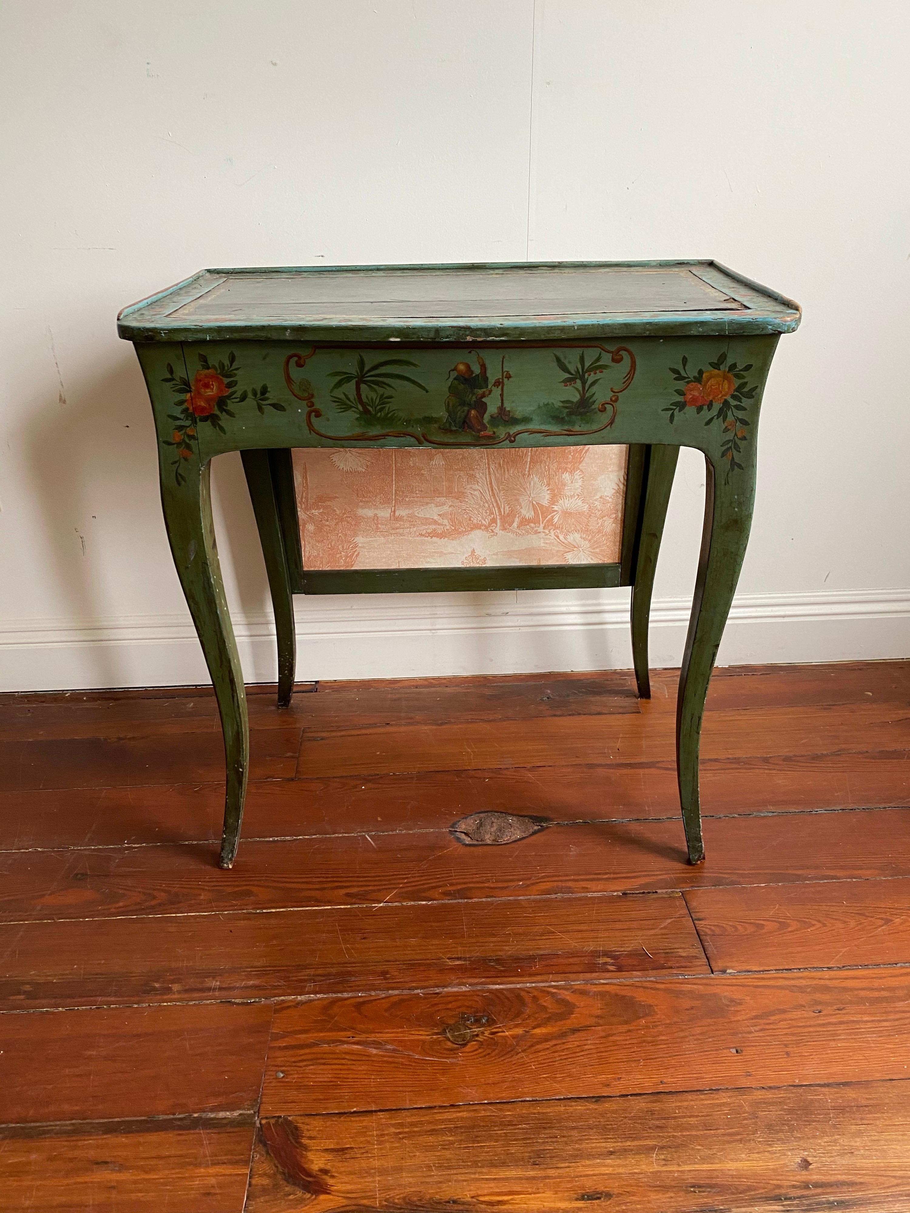 Painted Italian occasional table with draft screen ( removable ), one drawer on side.