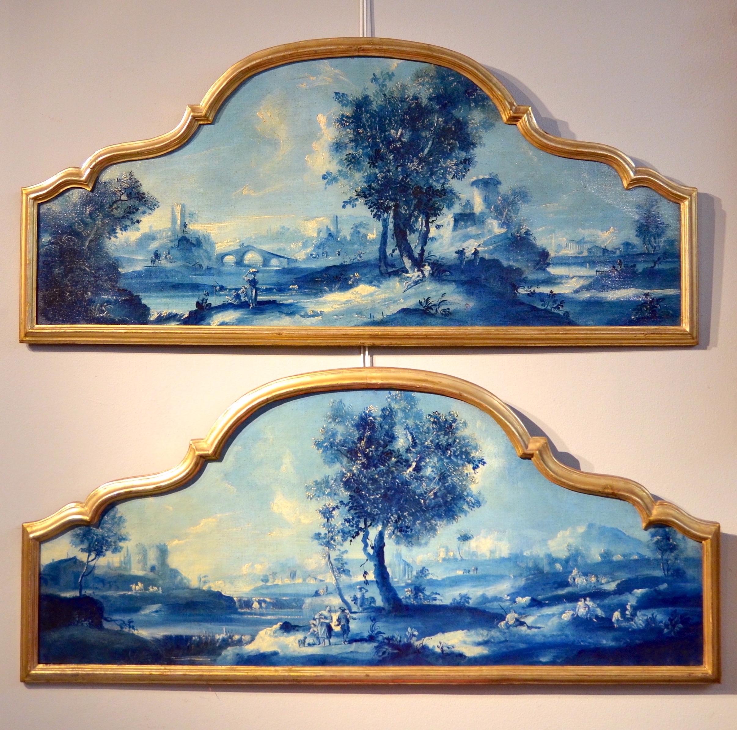 Venetian painter of the mid-eighteenth century Landscape Painting - Paint Oil on canvas Pair Landscape Wood See Lake Venezia Italy Baroque Ricci Art