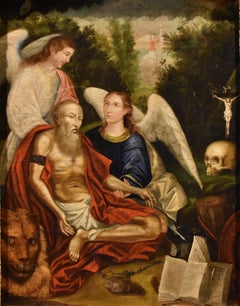 Antique Saint Jerome Angels 17th Century Venetian School Paint Oil on canvas Old master