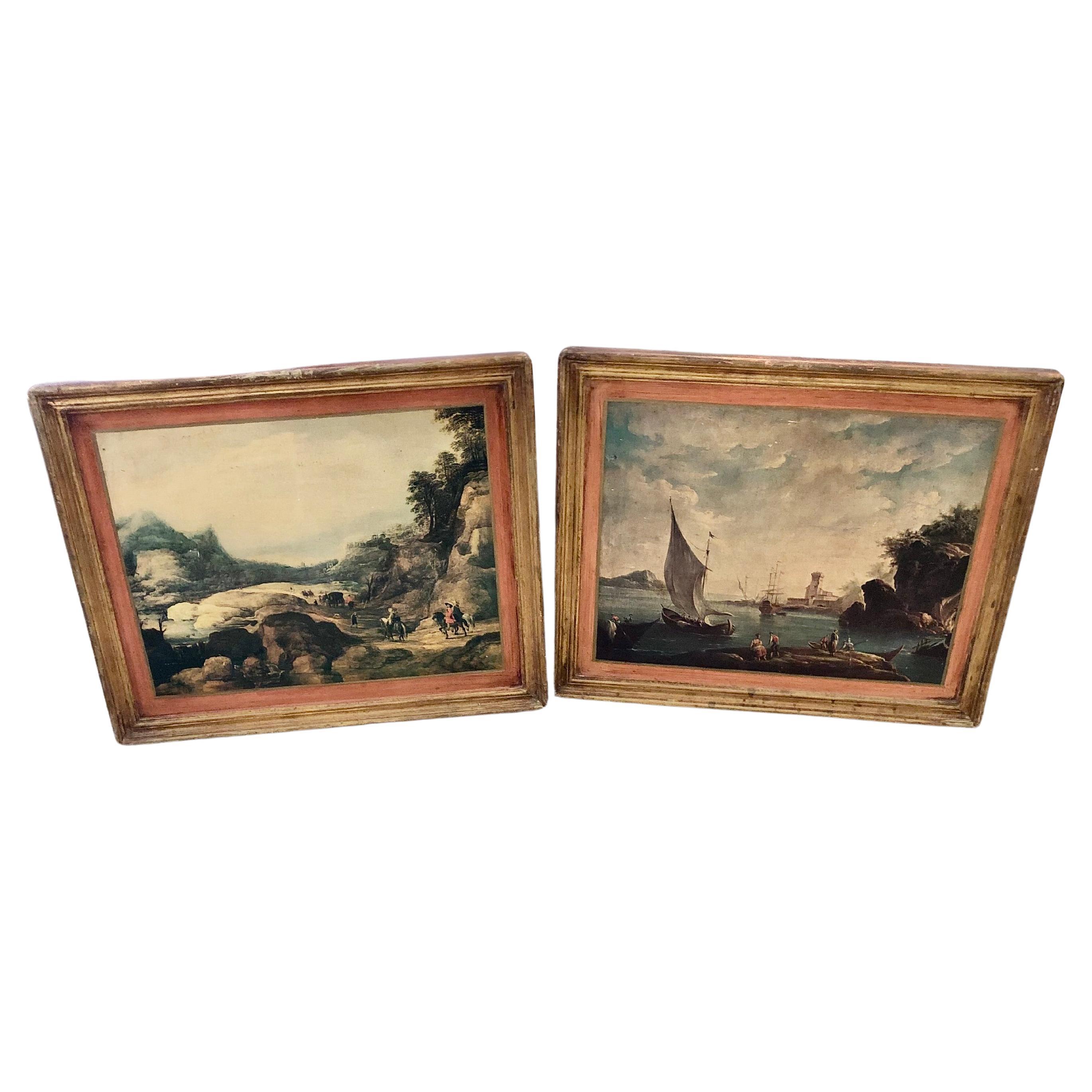 Venetian Pair of Decoupaged Landscape Prints on Board For Sale