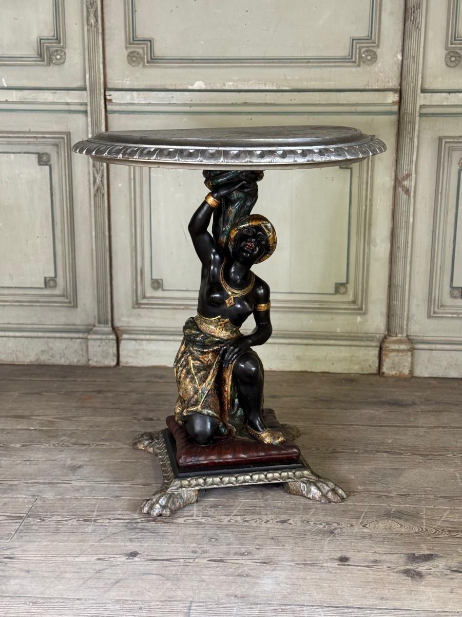 Venetian pedestal table in the Nubian style, polychrome sculpture, circa 1880 (Louis XV.) im Angebot