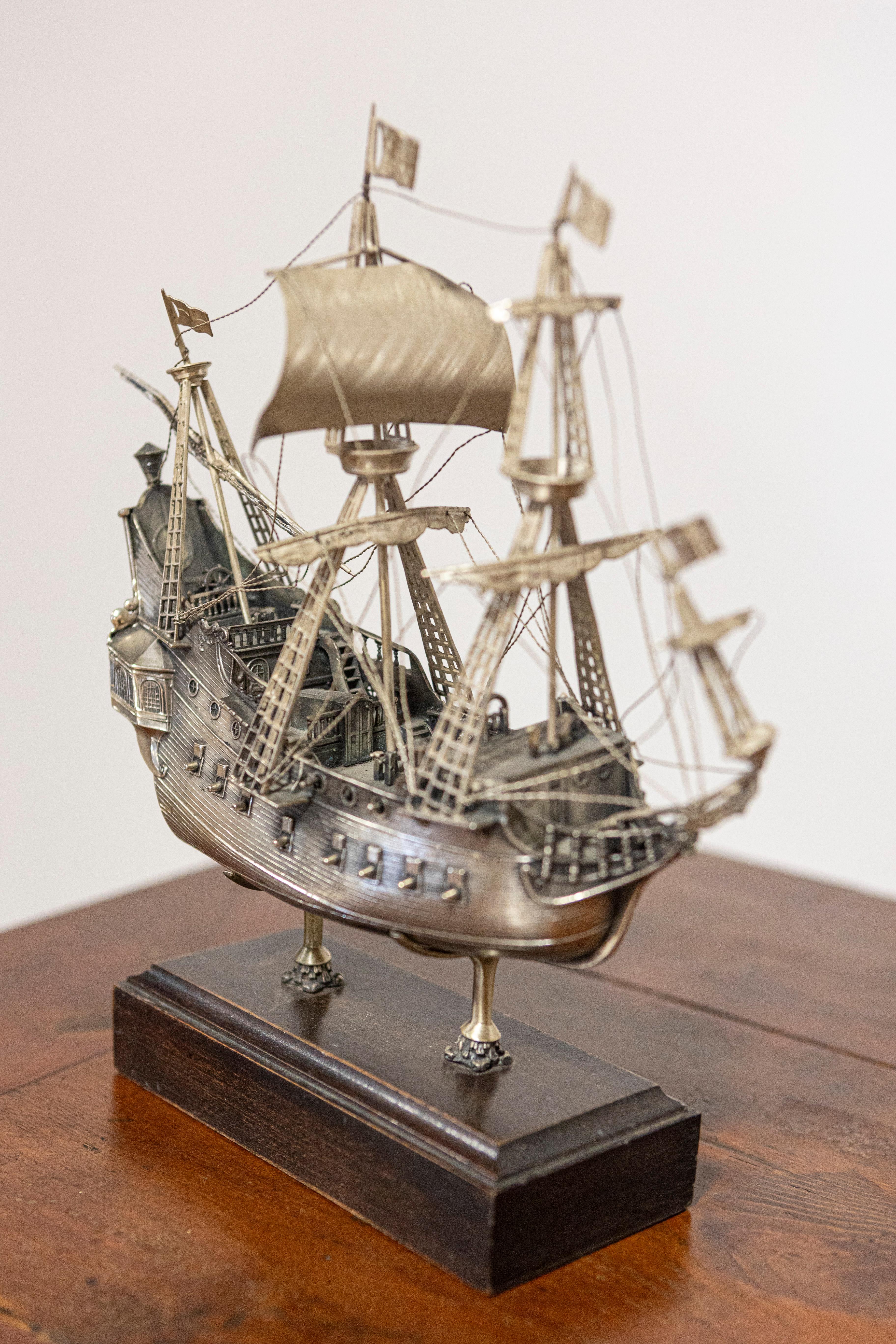 20th Century Venetian Pewter Jolly Roger Pirate Model Ship Mounted on Wooden Base For Sale