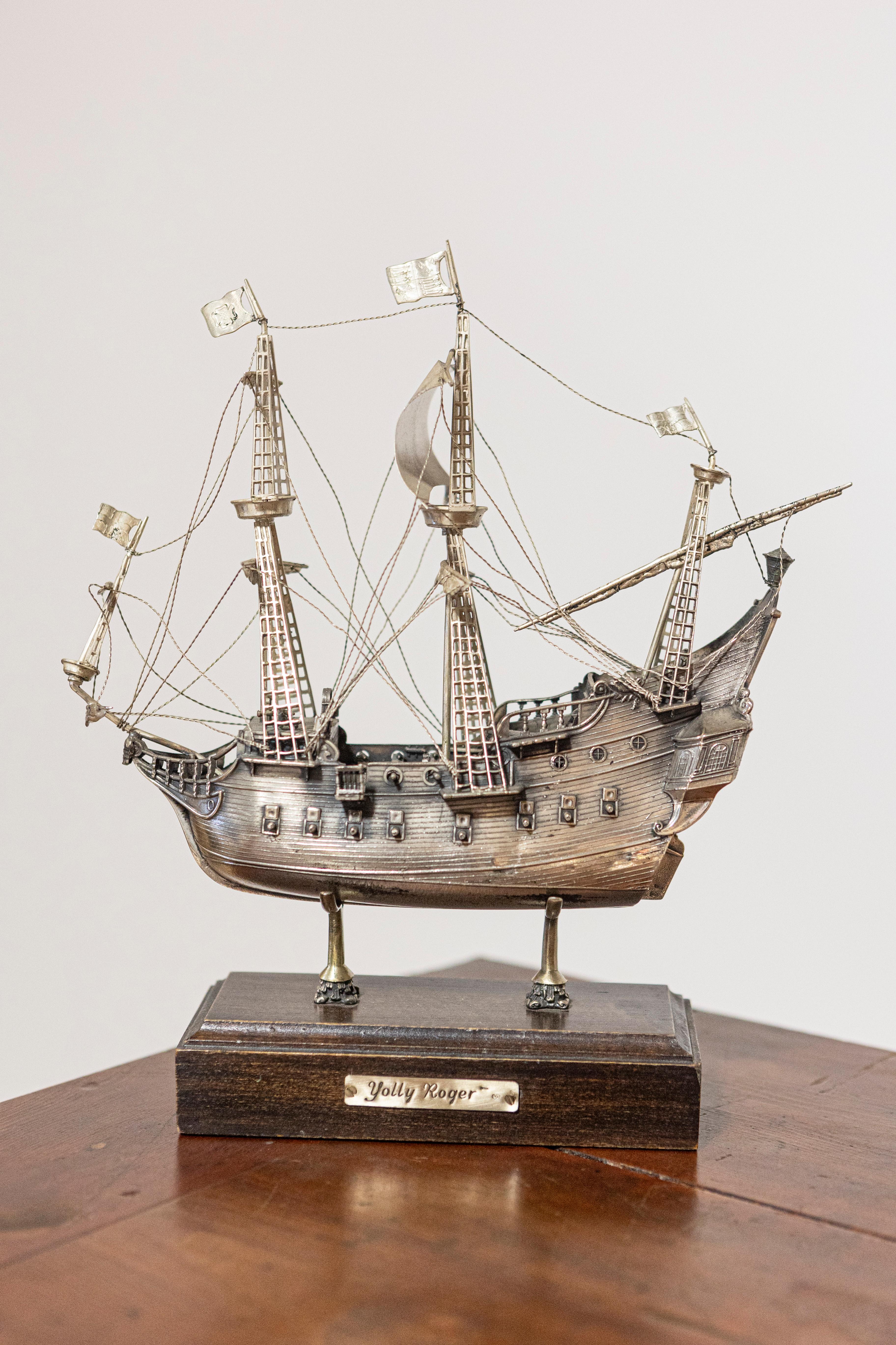 Venetian Pewter Jolly Roger Pirate Model Ship Mounted on Wooden Base For Sale 1