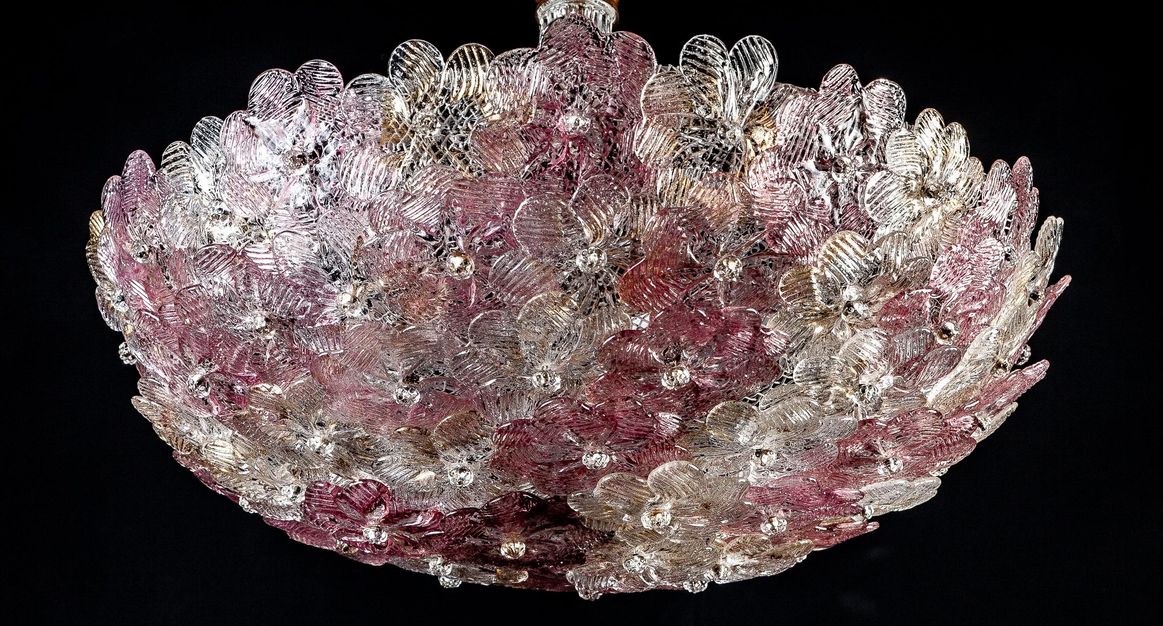 Venetian Pink and Gilt Flower Glass Chandelier by Barovier e Toso, 1950 3