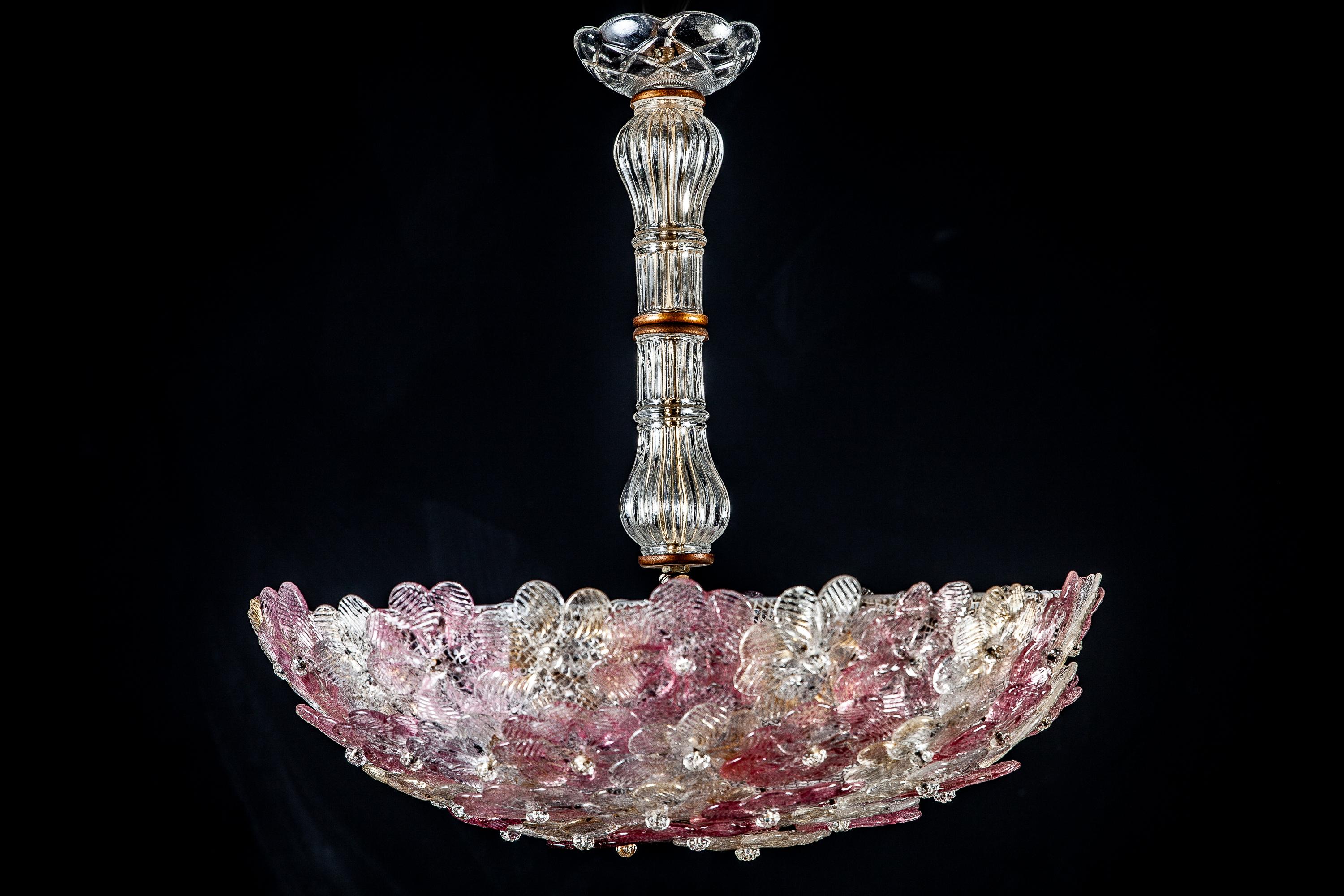 This amazing flower basket is made of dozen of precious Murano flowers glasses, pink and ice color with gold inclusions. Three E14 light bulbs.