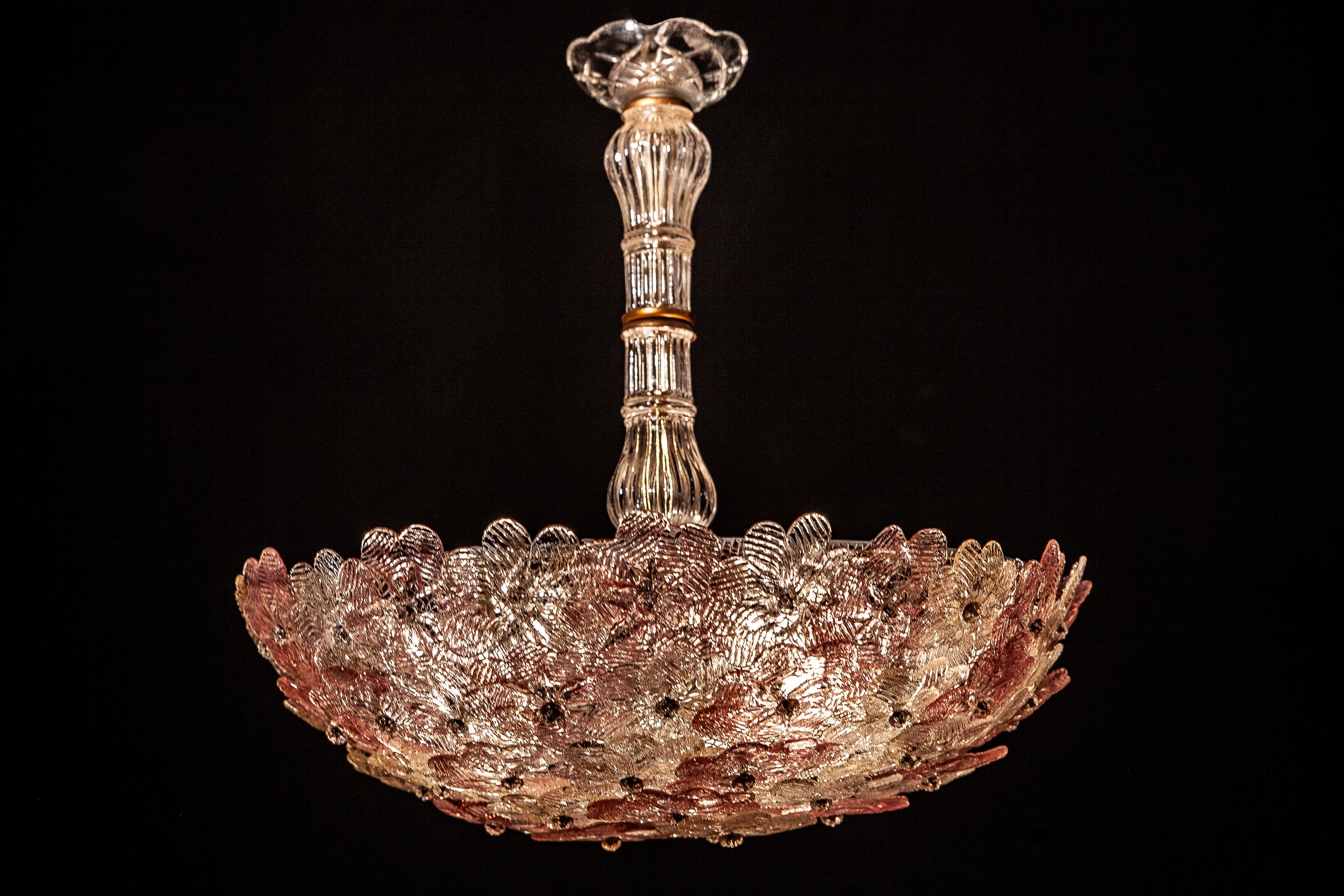 20th Century Venetian Pink and Gilt Flower Glass Chandelier by Barovier e Toso, 1950