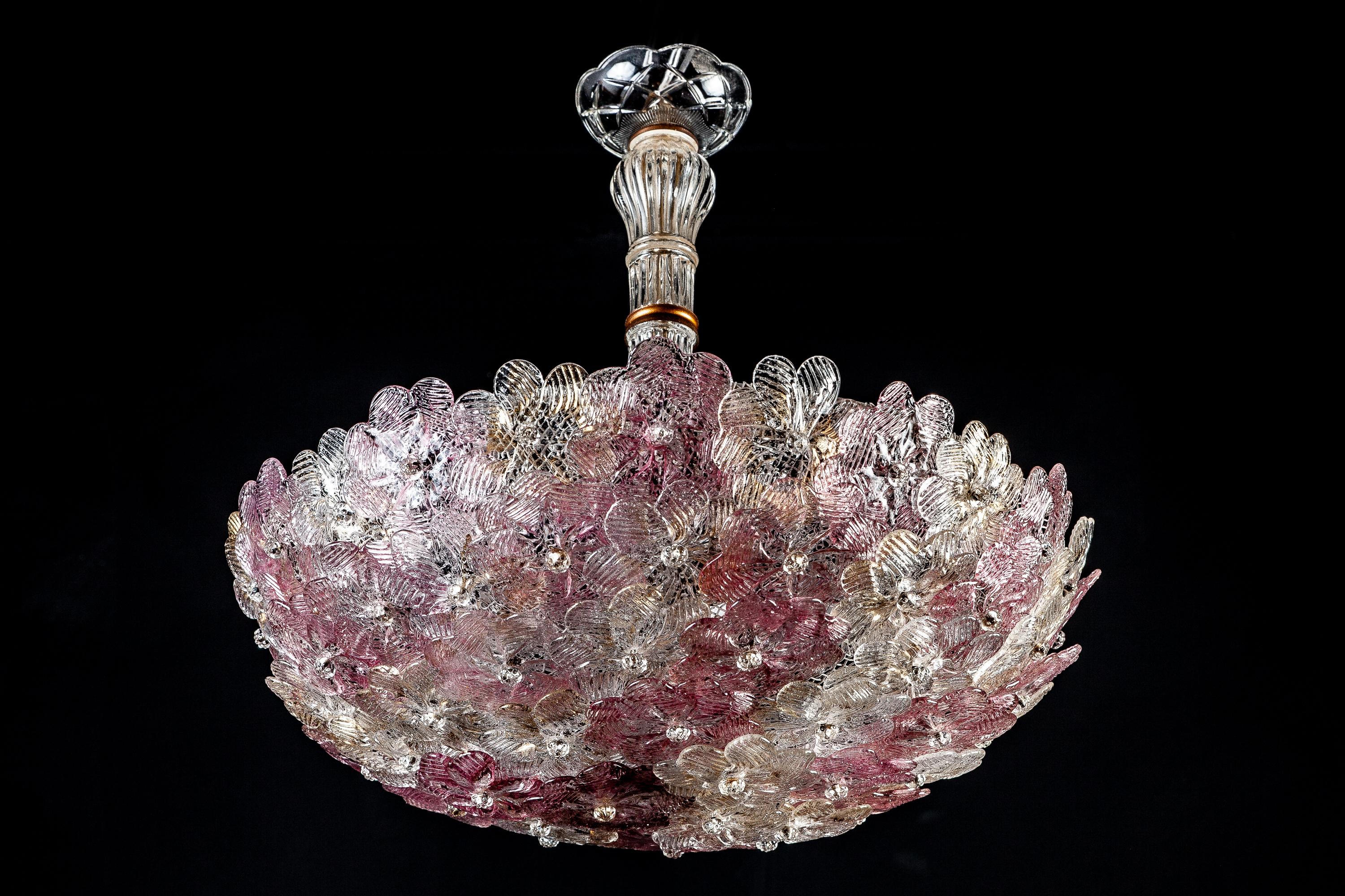 Blown Glass Venetian Pink and Gilt Flower Glass Chandelier by Barovier e Toso, 1950