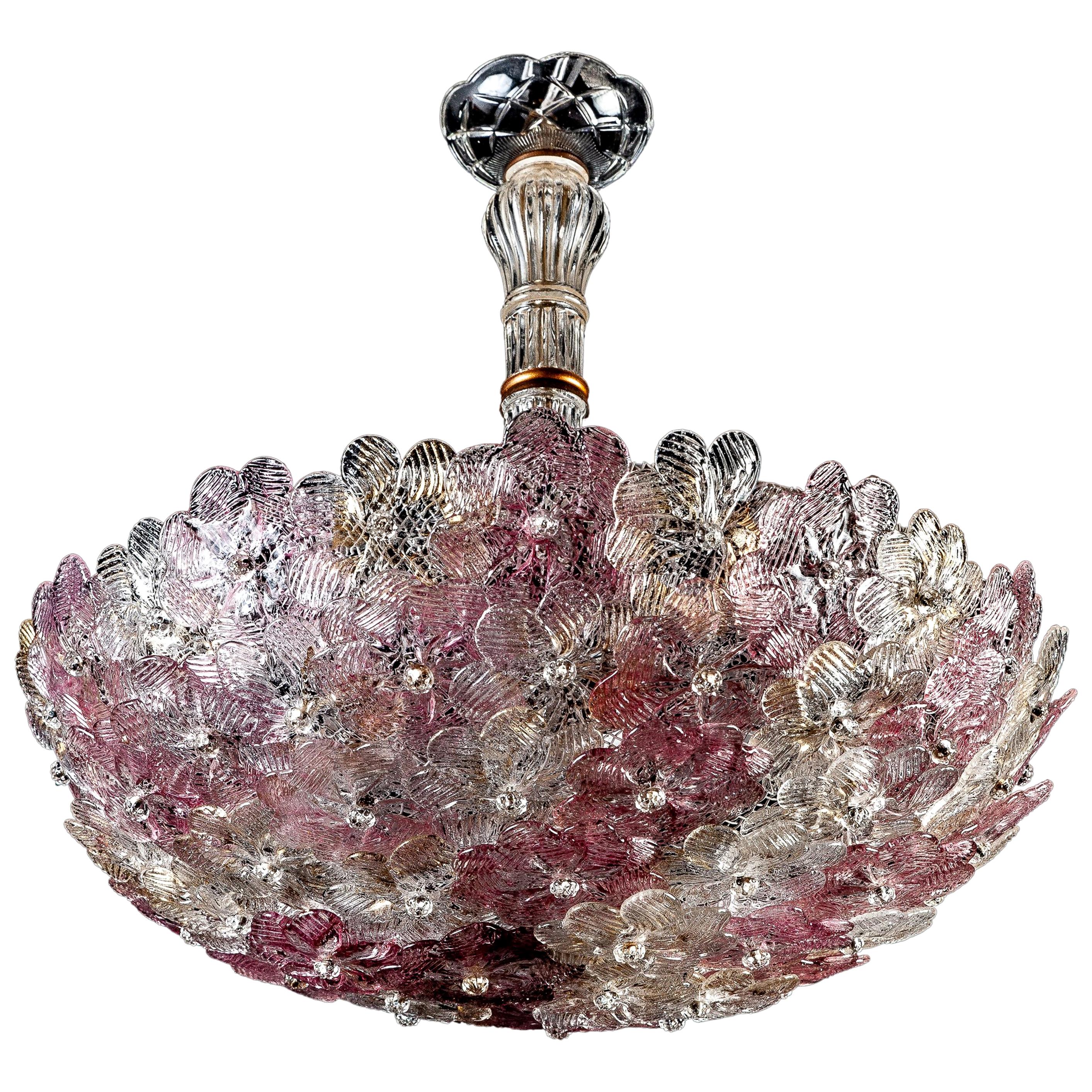 Venetian Pink and Gilt Flower Glass Chandelier by Barovier e Toso, 1950
