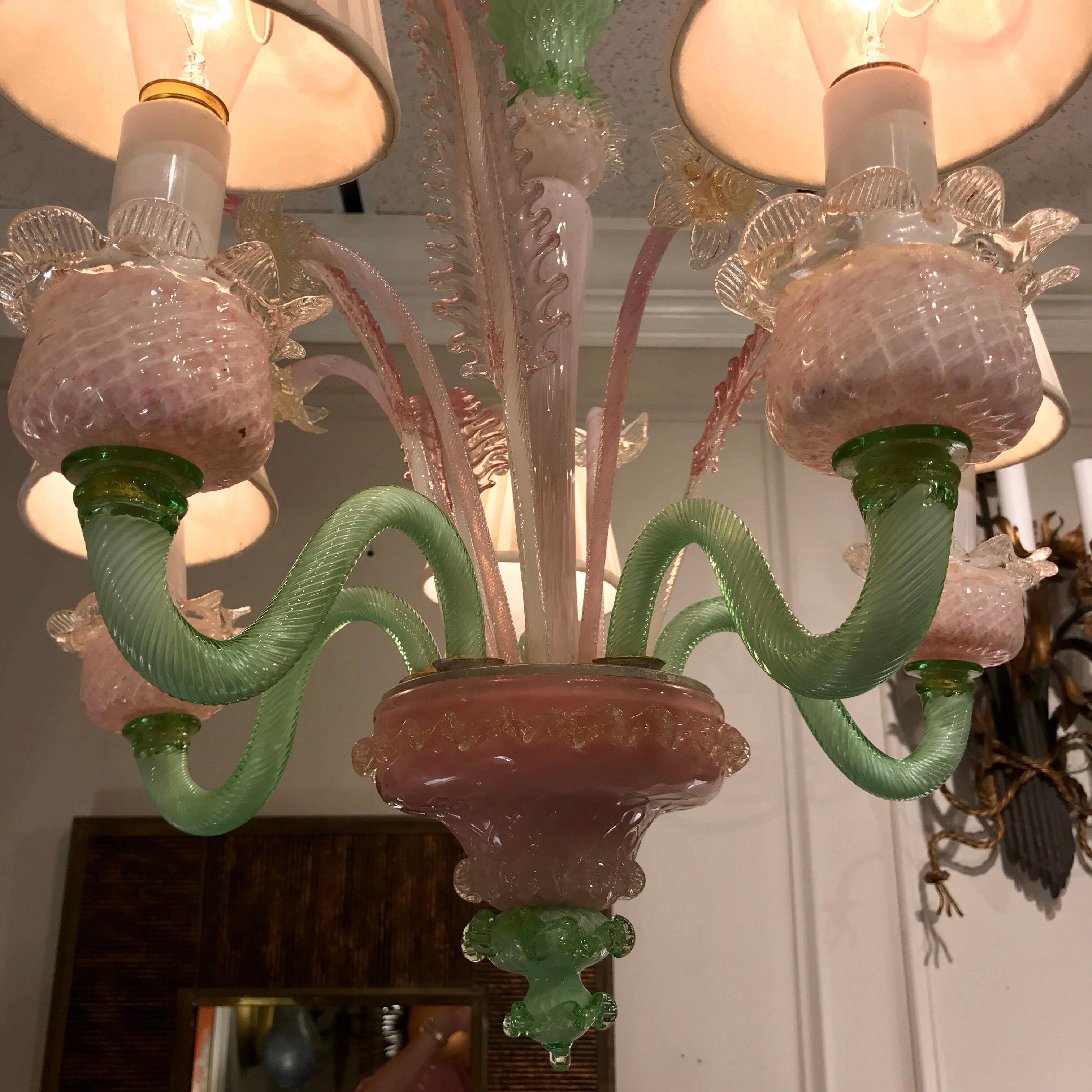 Venetian pink and green Murano glass five-light chandelier.