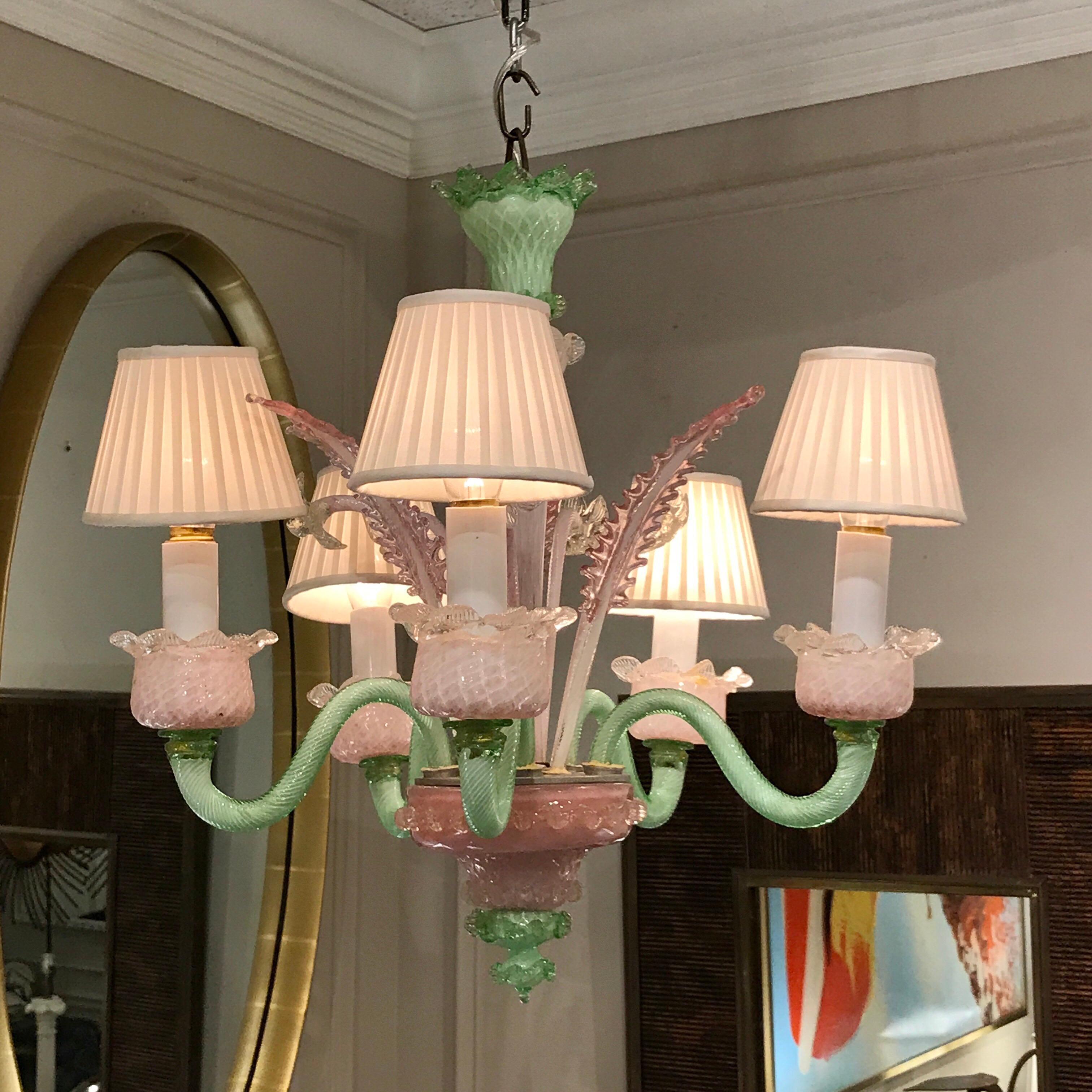Italian Venetian Pink and Green Murano Glass Five-Light Chandelier