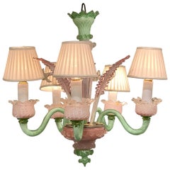 Venetian Pink and Green Murano Glass Five-Light Chandelier