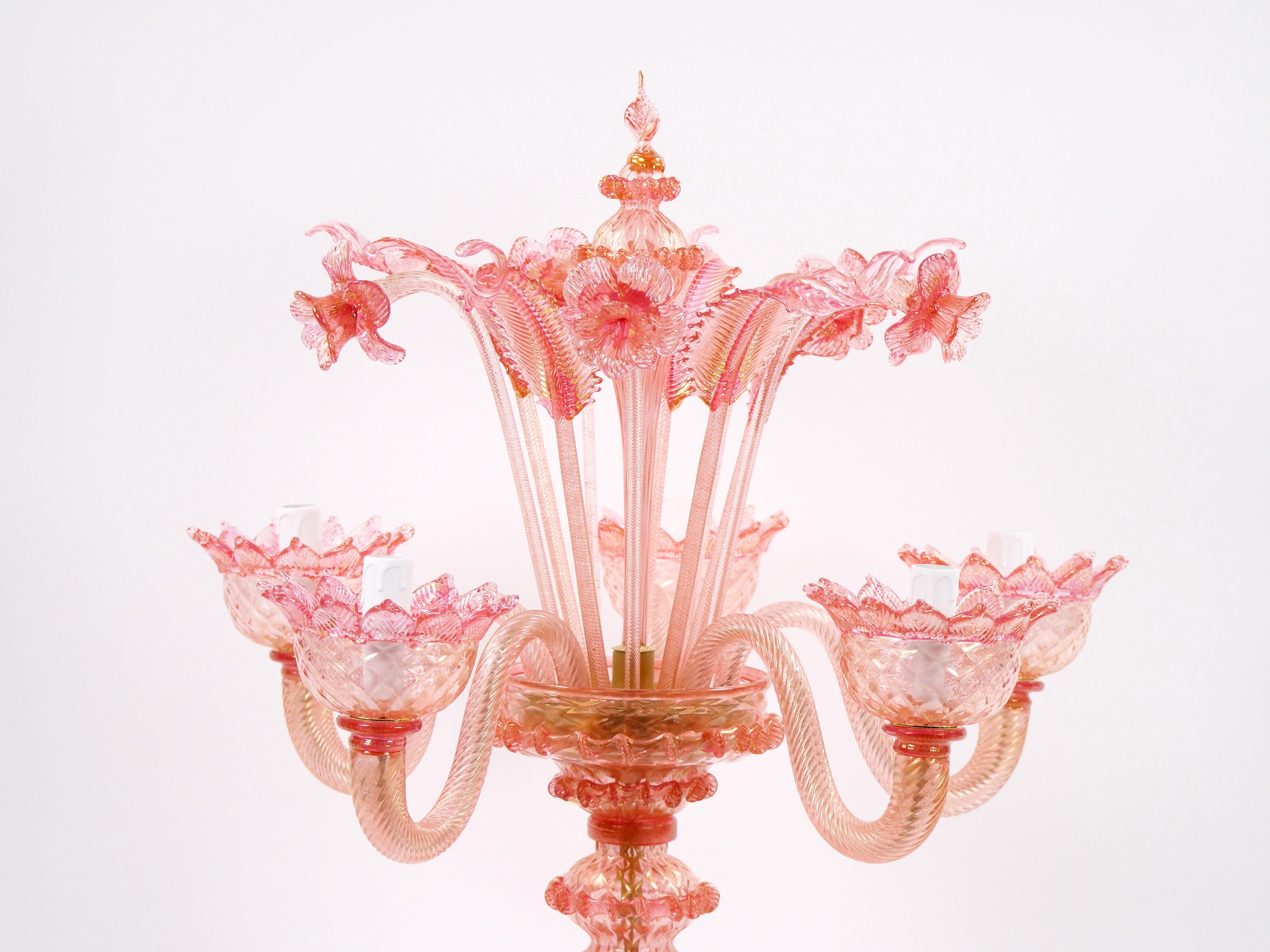 Venetian Pink Flambeau Glass Table Lamps / Gold Flecks & Brass Design For Sale 3