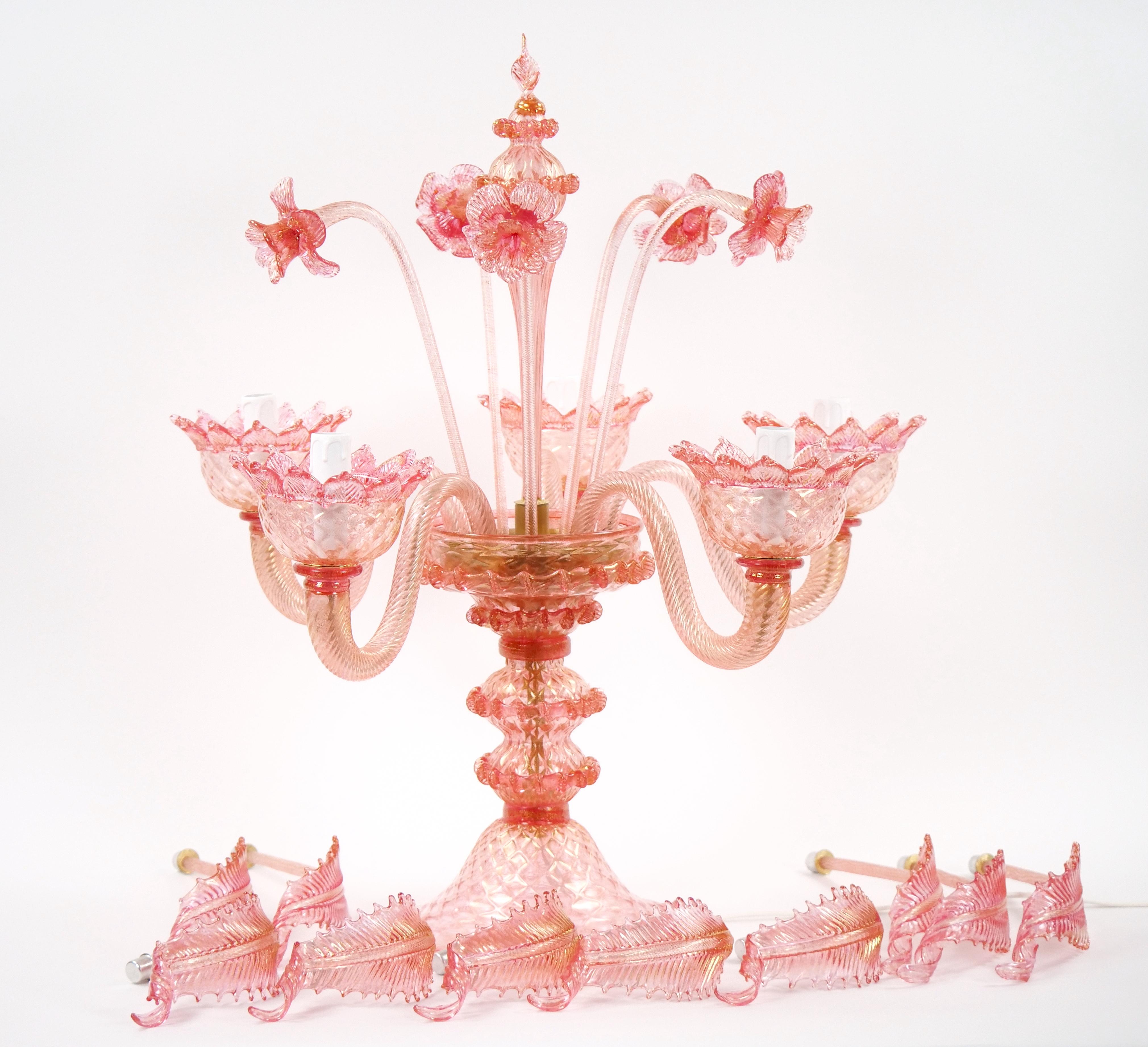 Venetian Pink Flambeau Glass Table Lamps / Gold Flecks & Brass Design For Sale 4