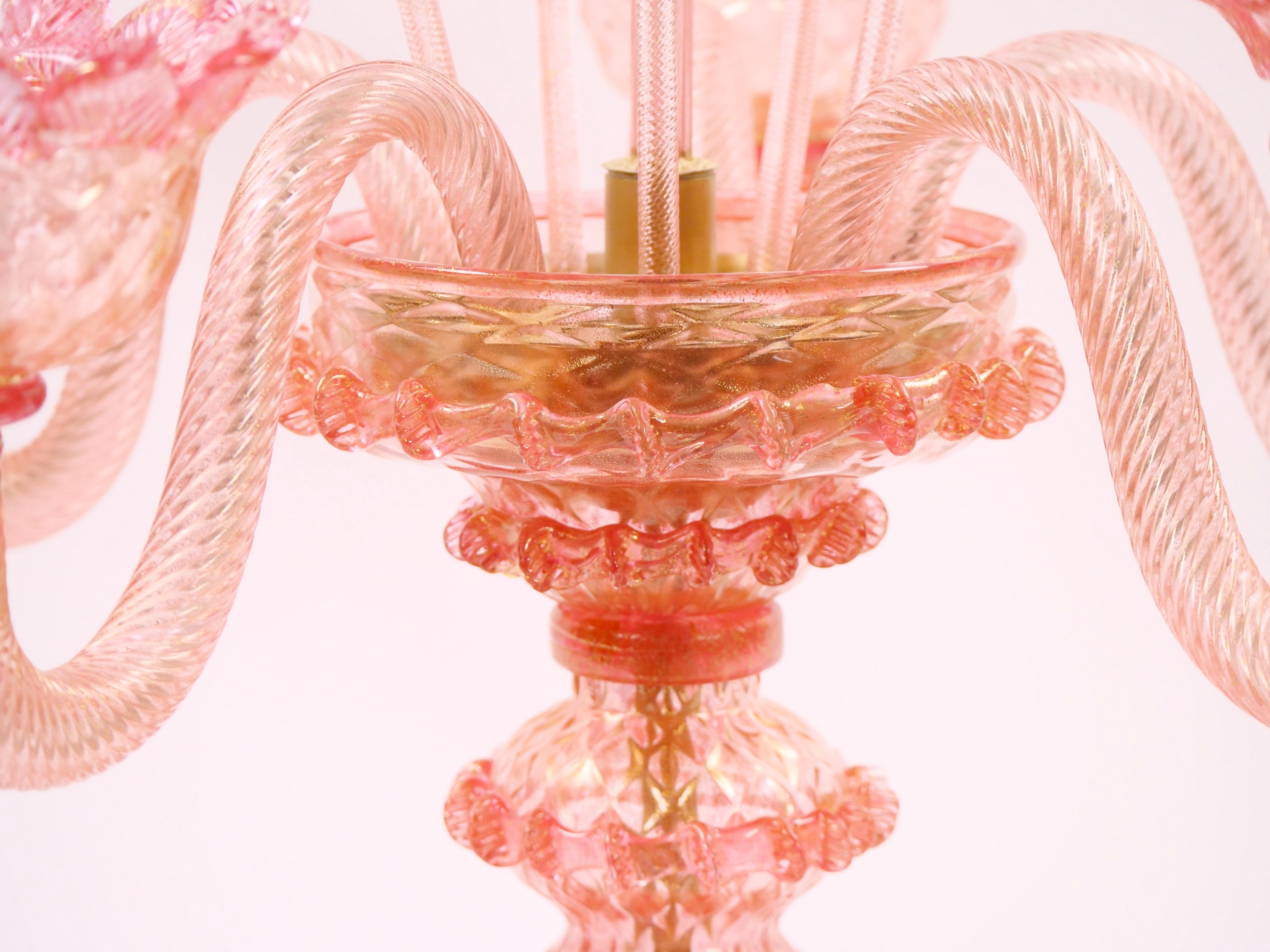 Venetian Pink Flambeau Glass Table Lamps / Gold Flecks & Brass Design For Sale 5