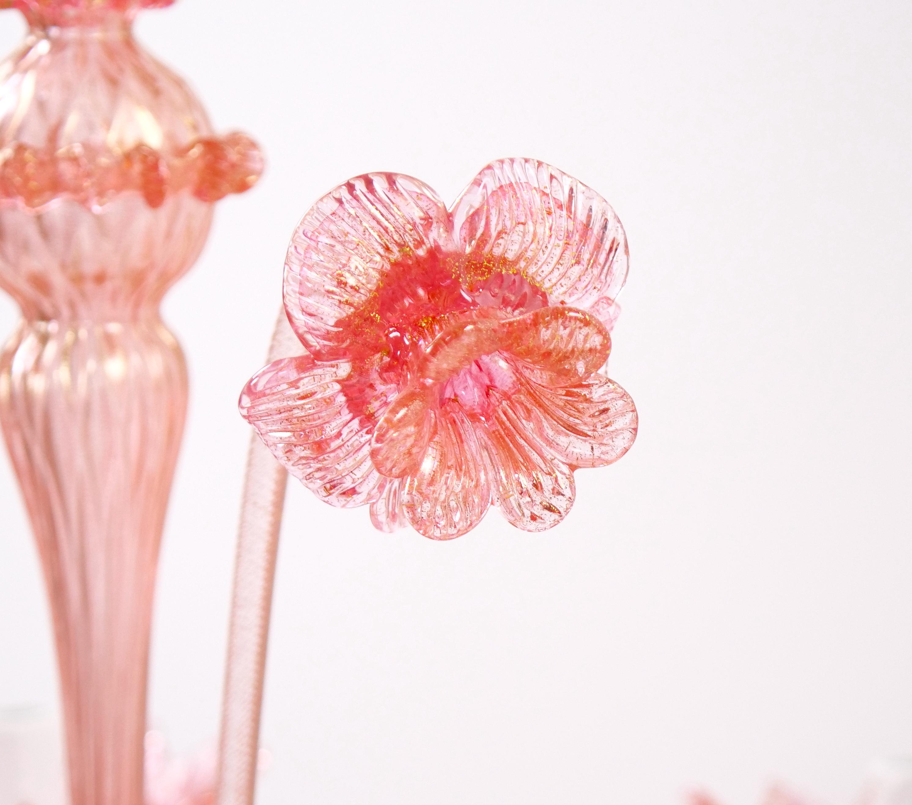 Venetian Pink Flambeau Glass Table Lamps / Gold Flecks & Brass Design For Sale 6