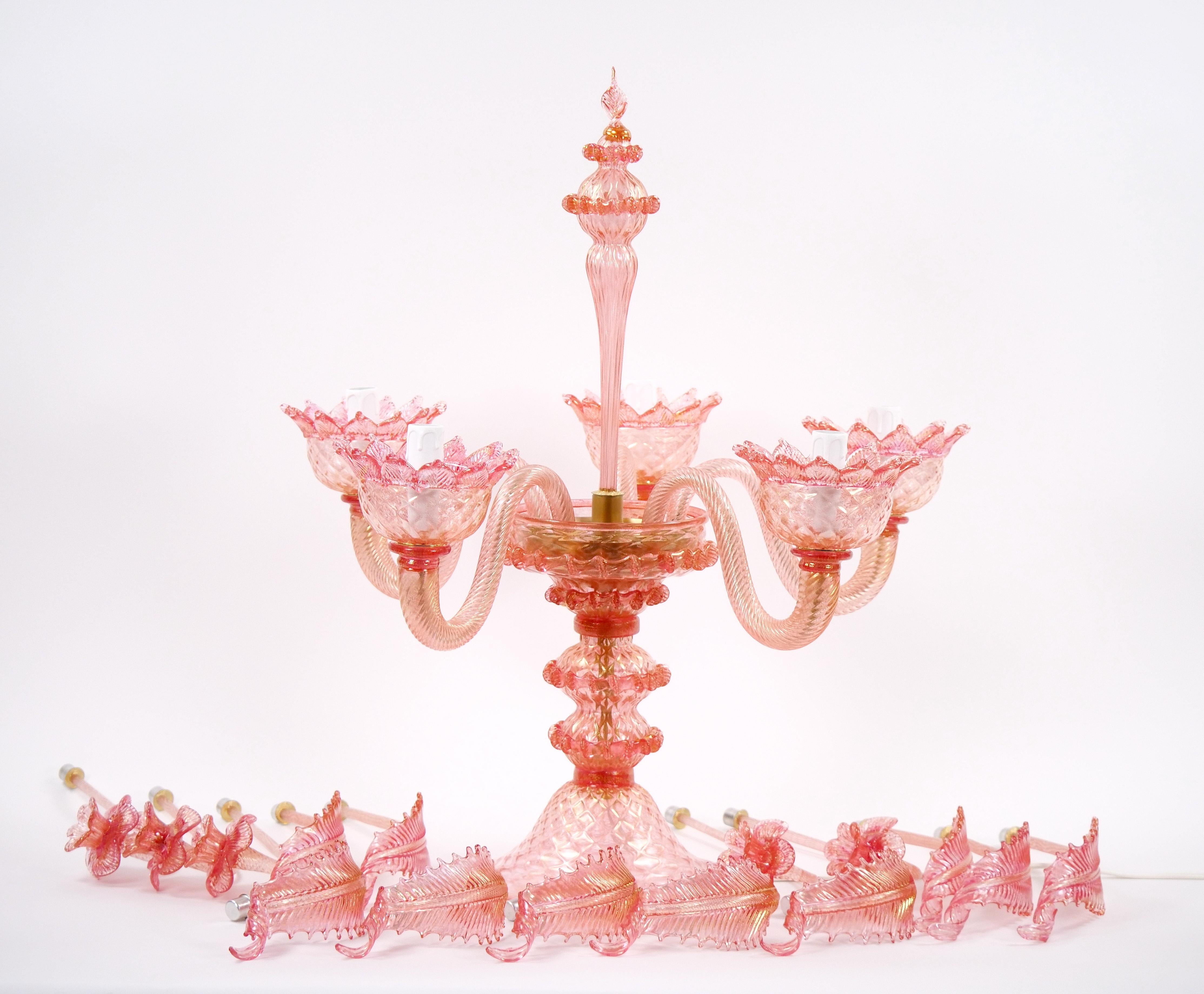 Venetian Pink Flambeau Glass Table Lamps / Gold Flecks & Brass Design For Sale 7
