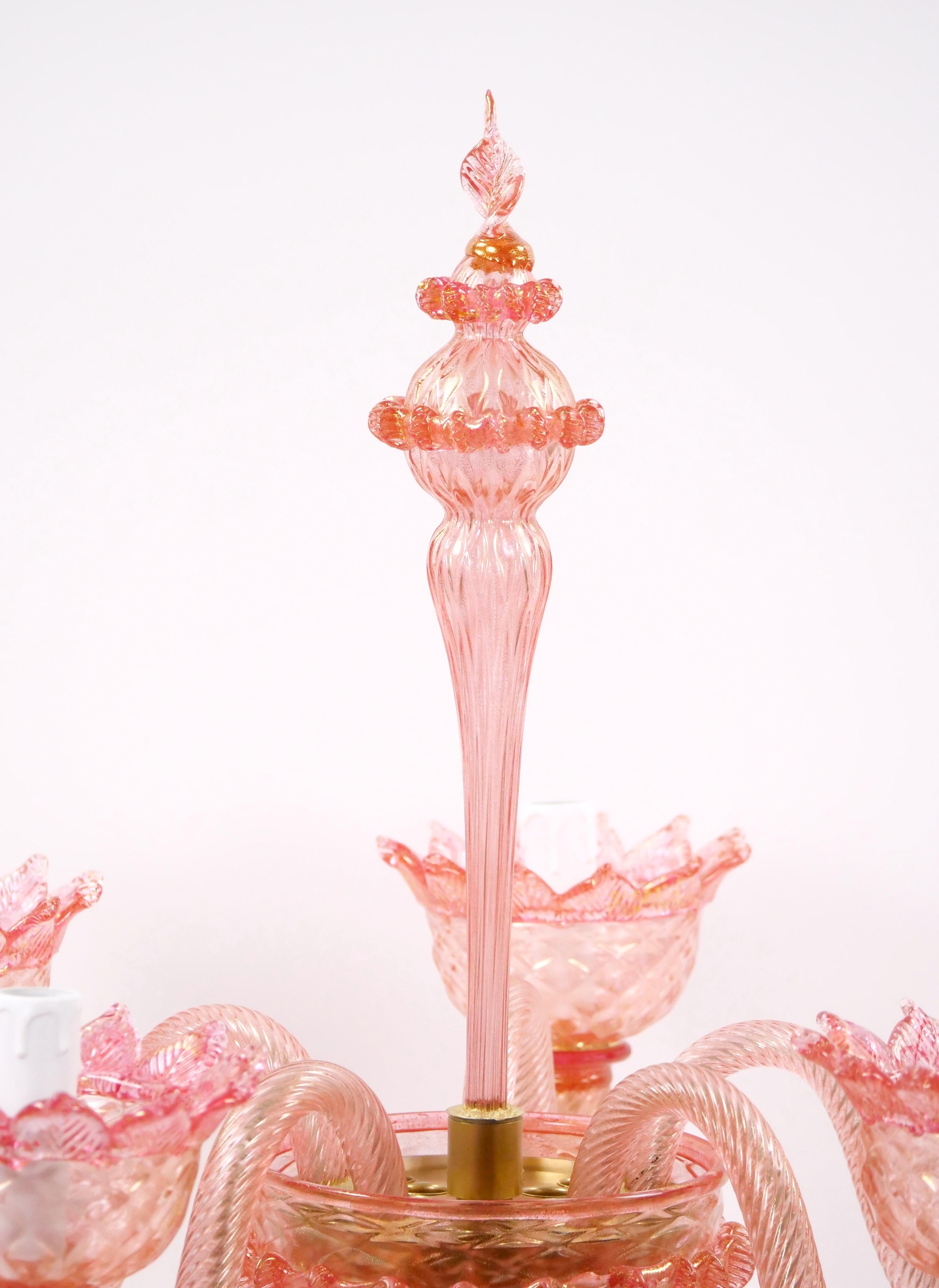 Venetian Pink Flambeau Glass Table Lamps / Gold Flecks & Brass Design For Sale 8
