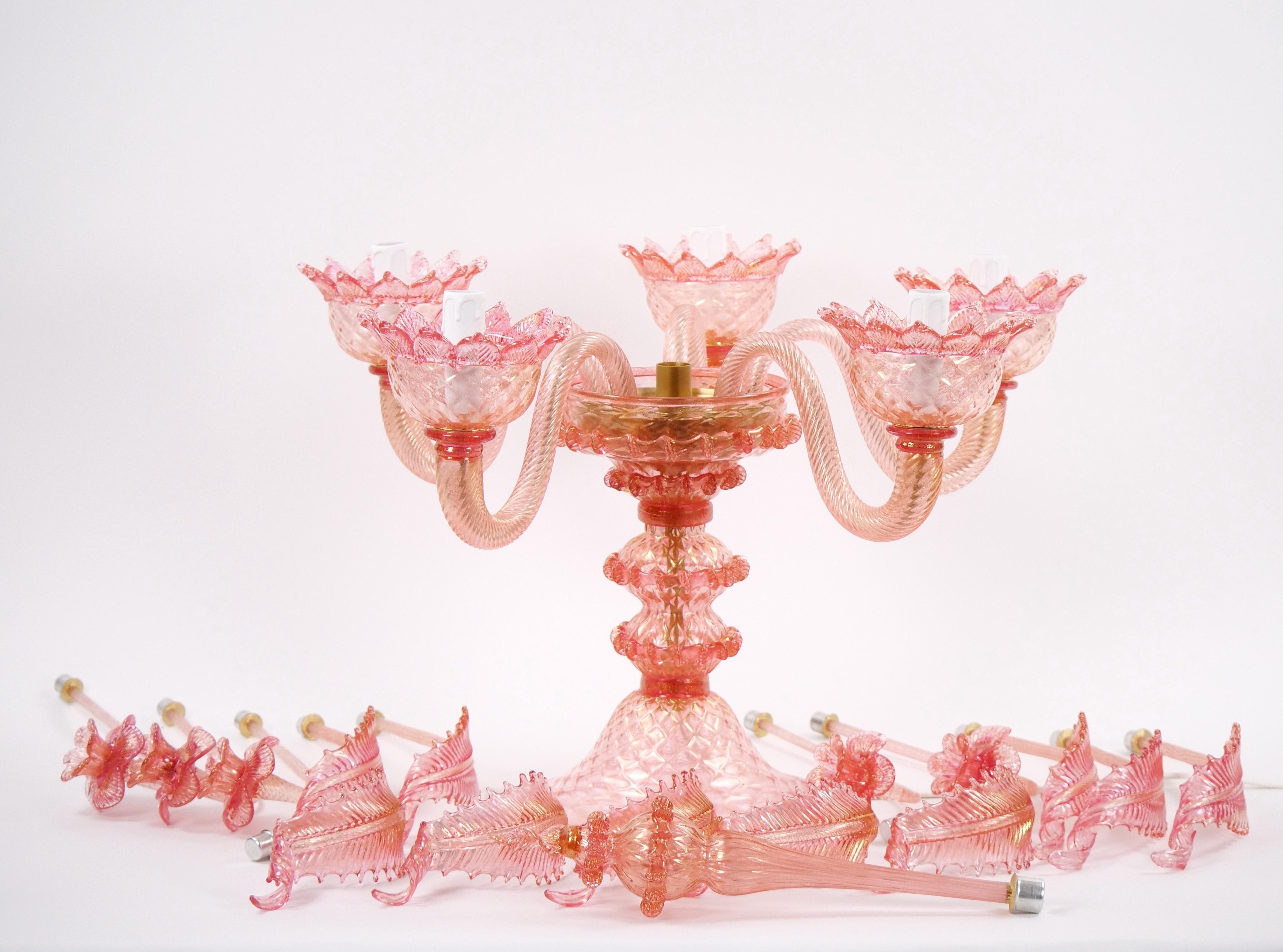 Venetian Pink Flambeau Glass Table Lamps / Gold Flecks & Brass Design For Sale 9
