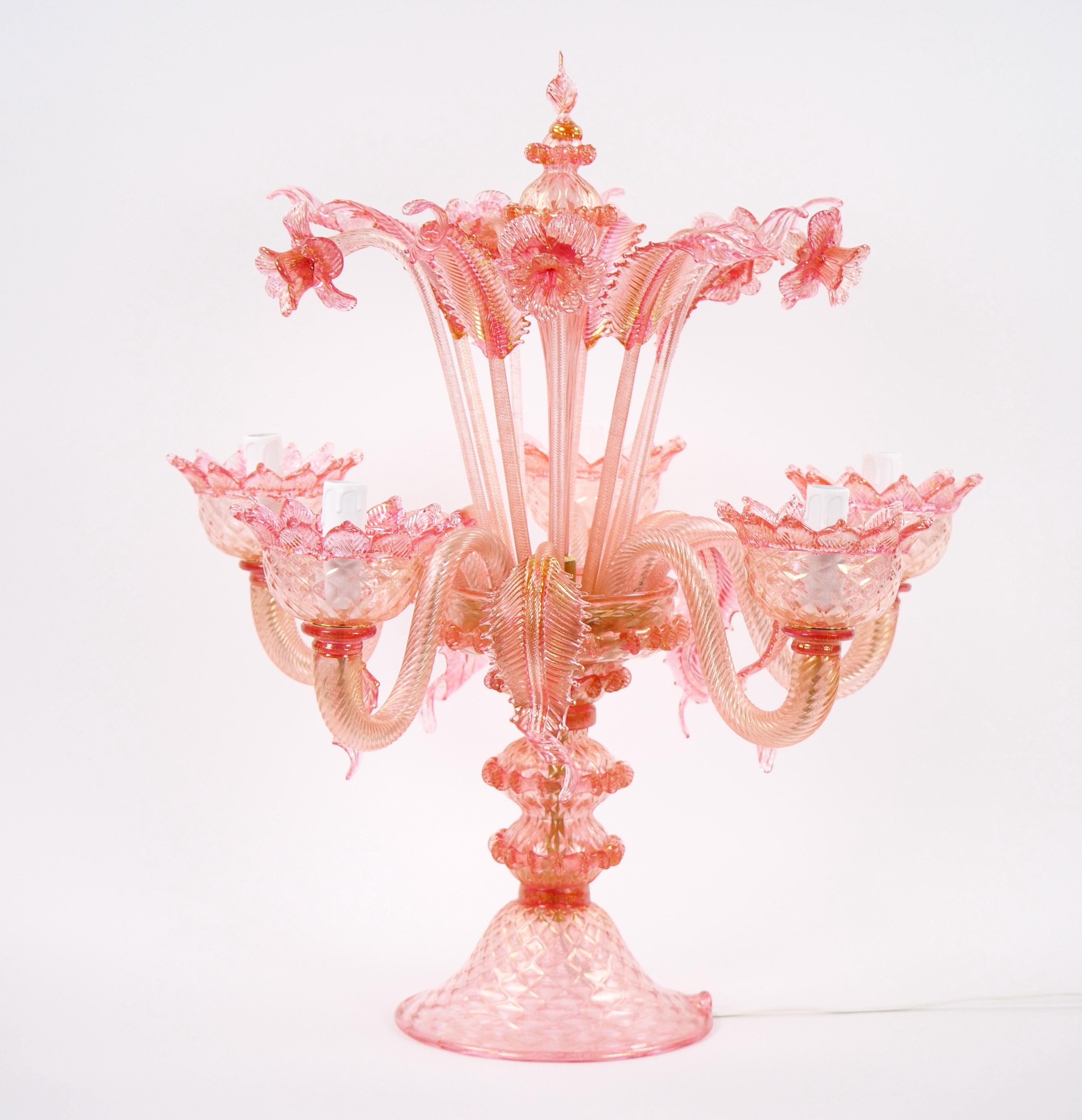 Venetian Pink Flambeau Glass Table Lamps / Gold Flecks & Brass Design For Sale 10