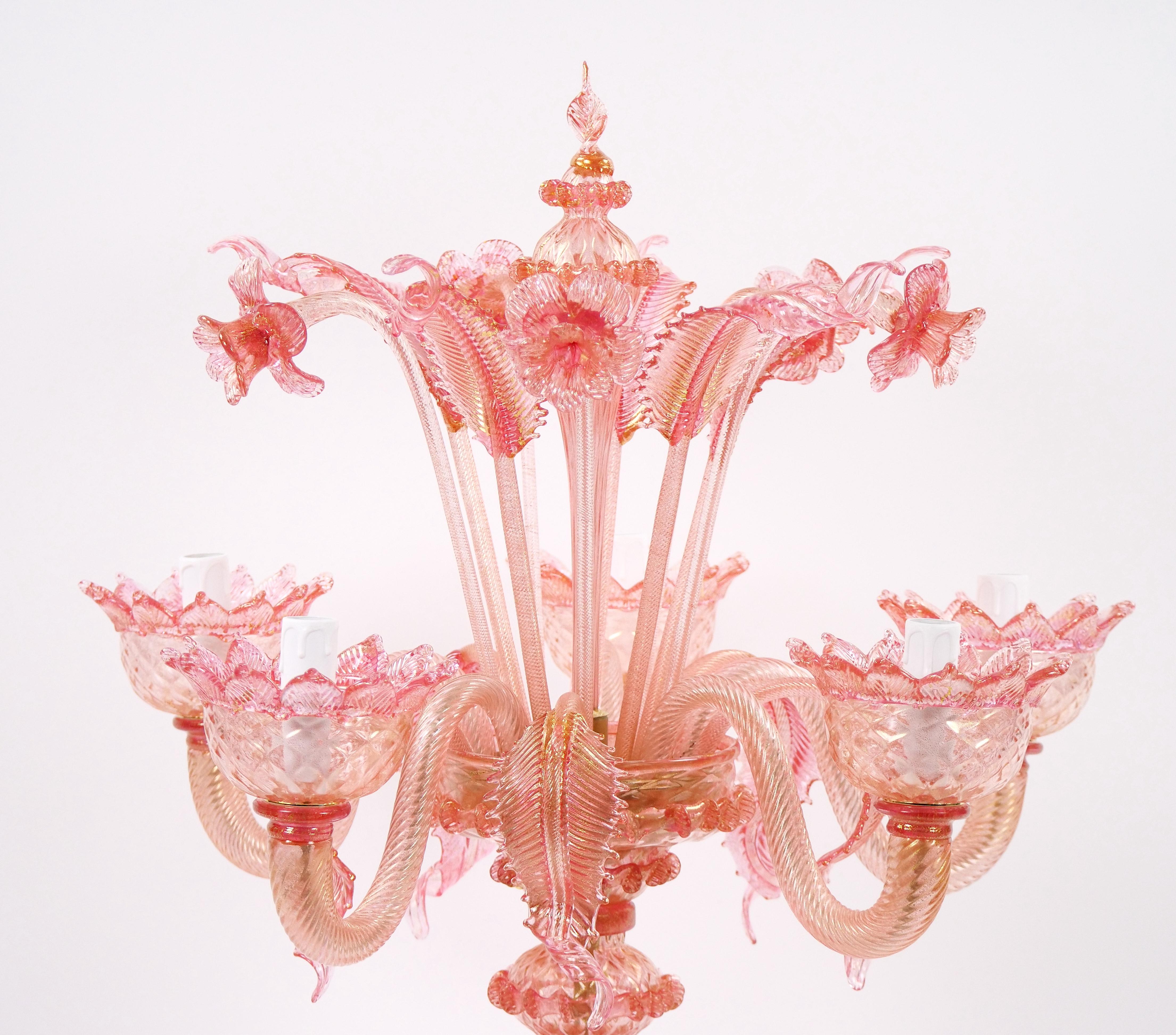 Italian Venetian Pink Flambeau Glass Table Lamps / Gold Flecks & Brass Design For Sale